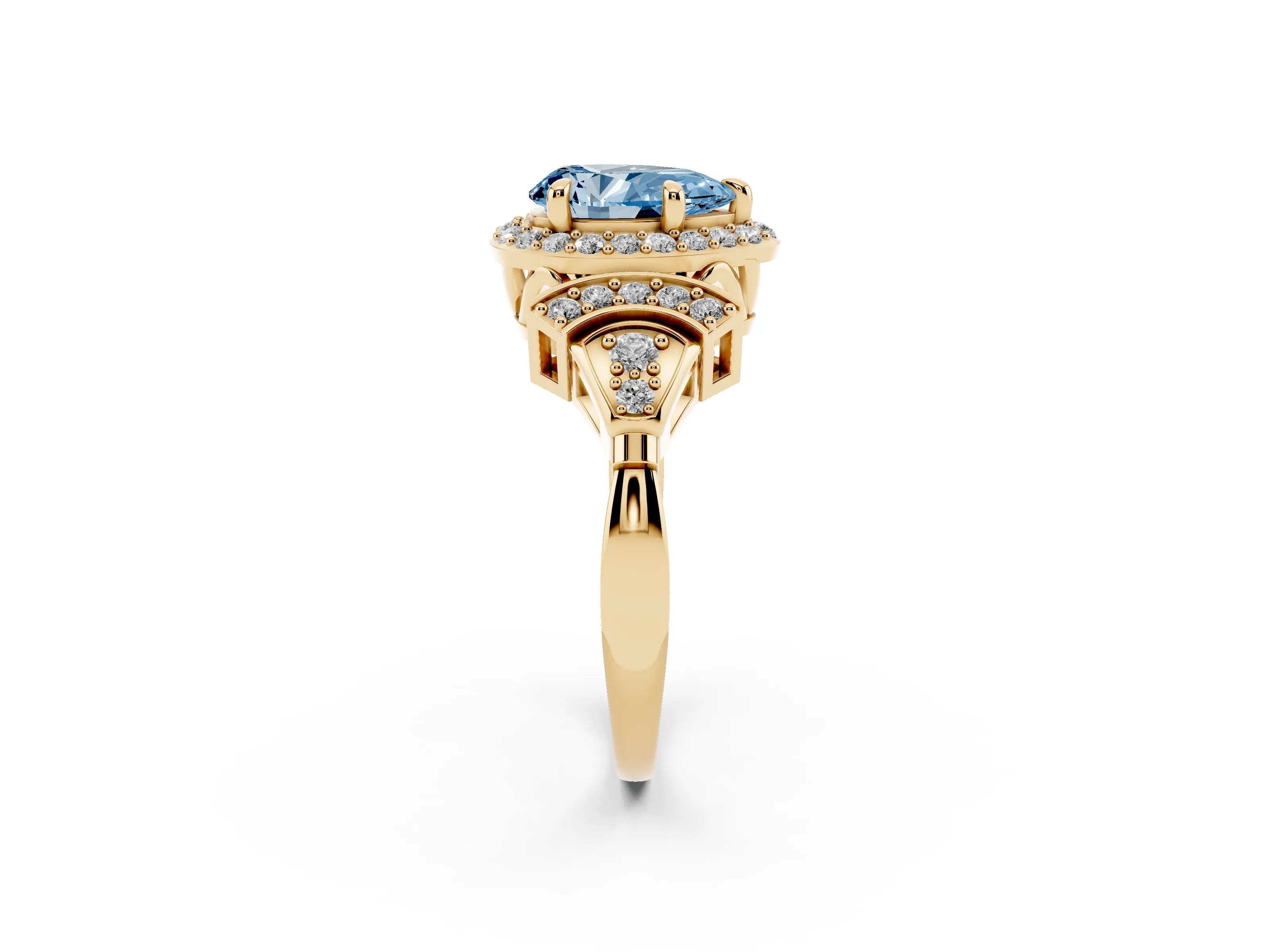 Fancy Blue Pear Cut Diamond Halo Engagement Ring Set in Yellow gold with Accent Stone Split Shank