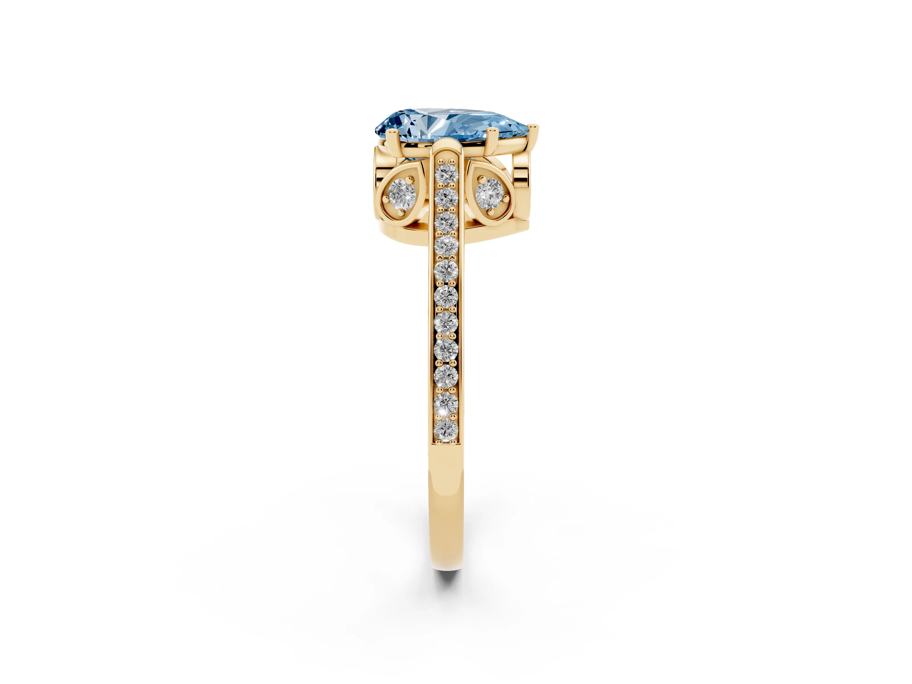 Fancy Blue Pear Cut Diamond Cathedral Pavé Engagement Ring Set in Yellow gold with Prong Setting