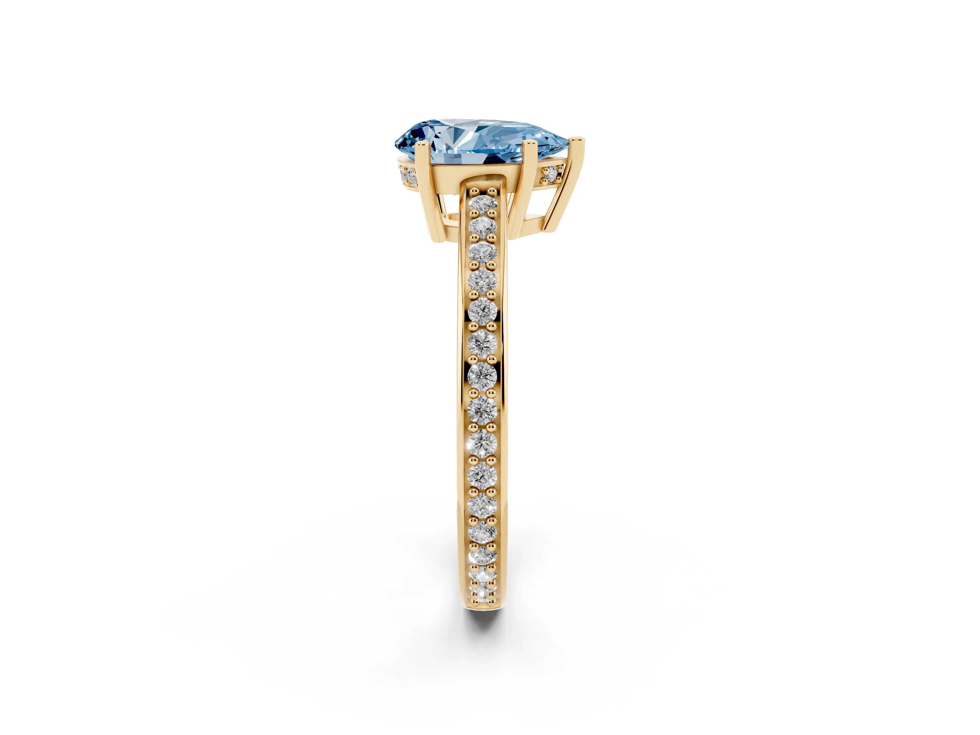 Fancy Blue Pear Cut Diamond Pavé Band Prong Set Solitaire Ring Set in Yellow gold
