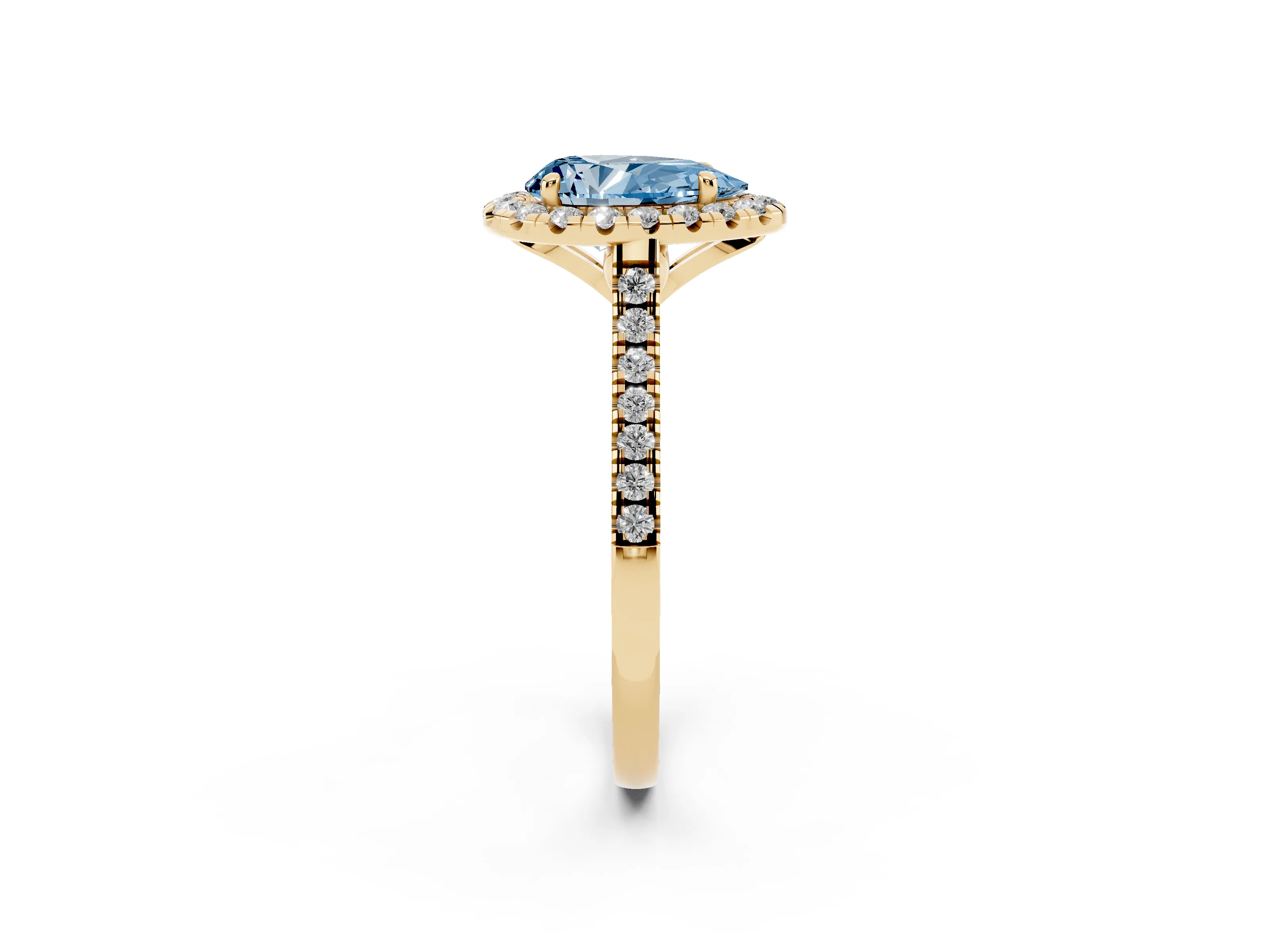 Fancy Blue Pear Cut Diamond Cushion Halo Ring Set in Yellow gold with Pavé Band