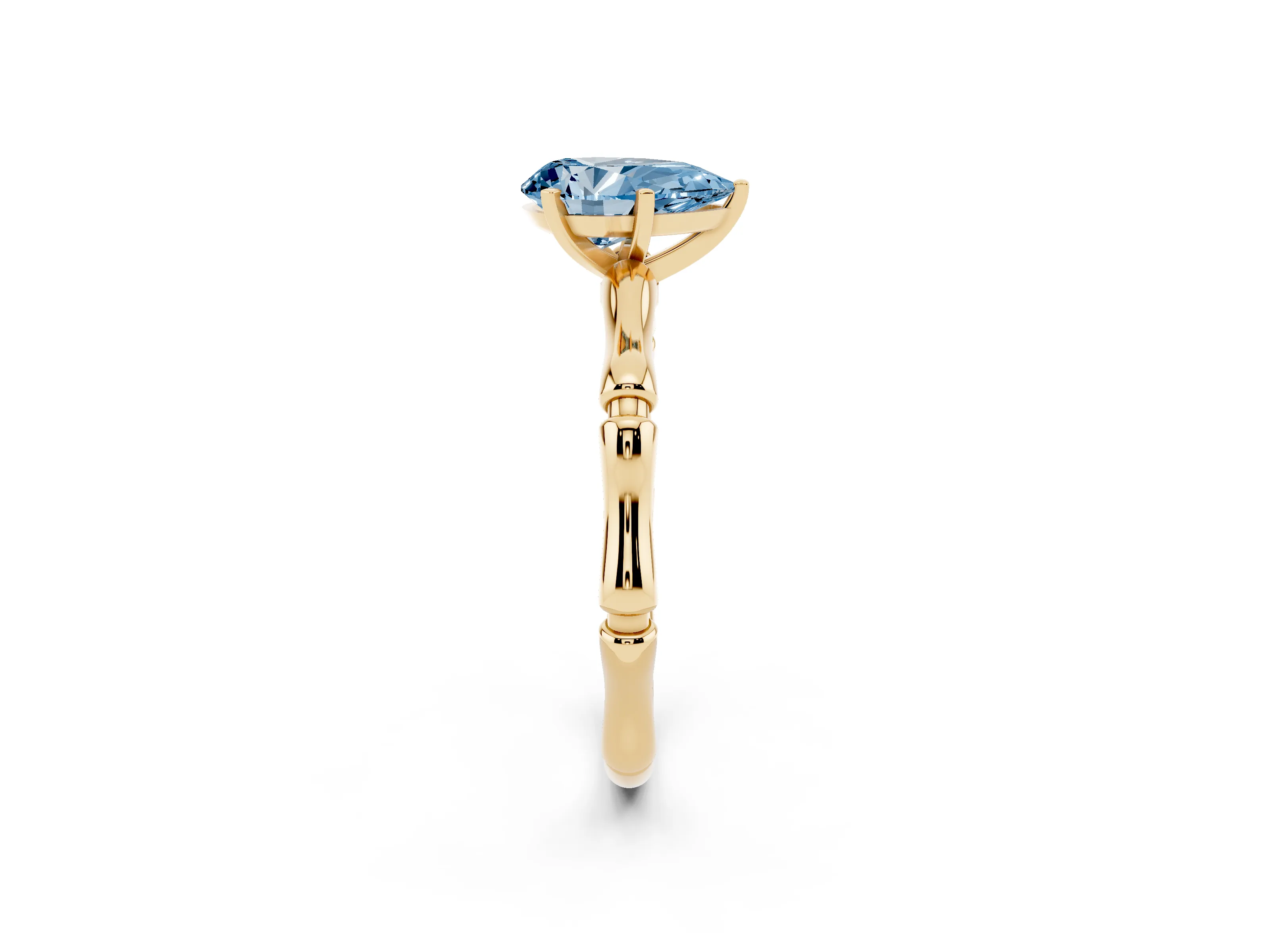 Fancy Blue Pear Cut Diamond Solitaire Ring Set in Yellow gold with Bamboo Band and Prong Setting