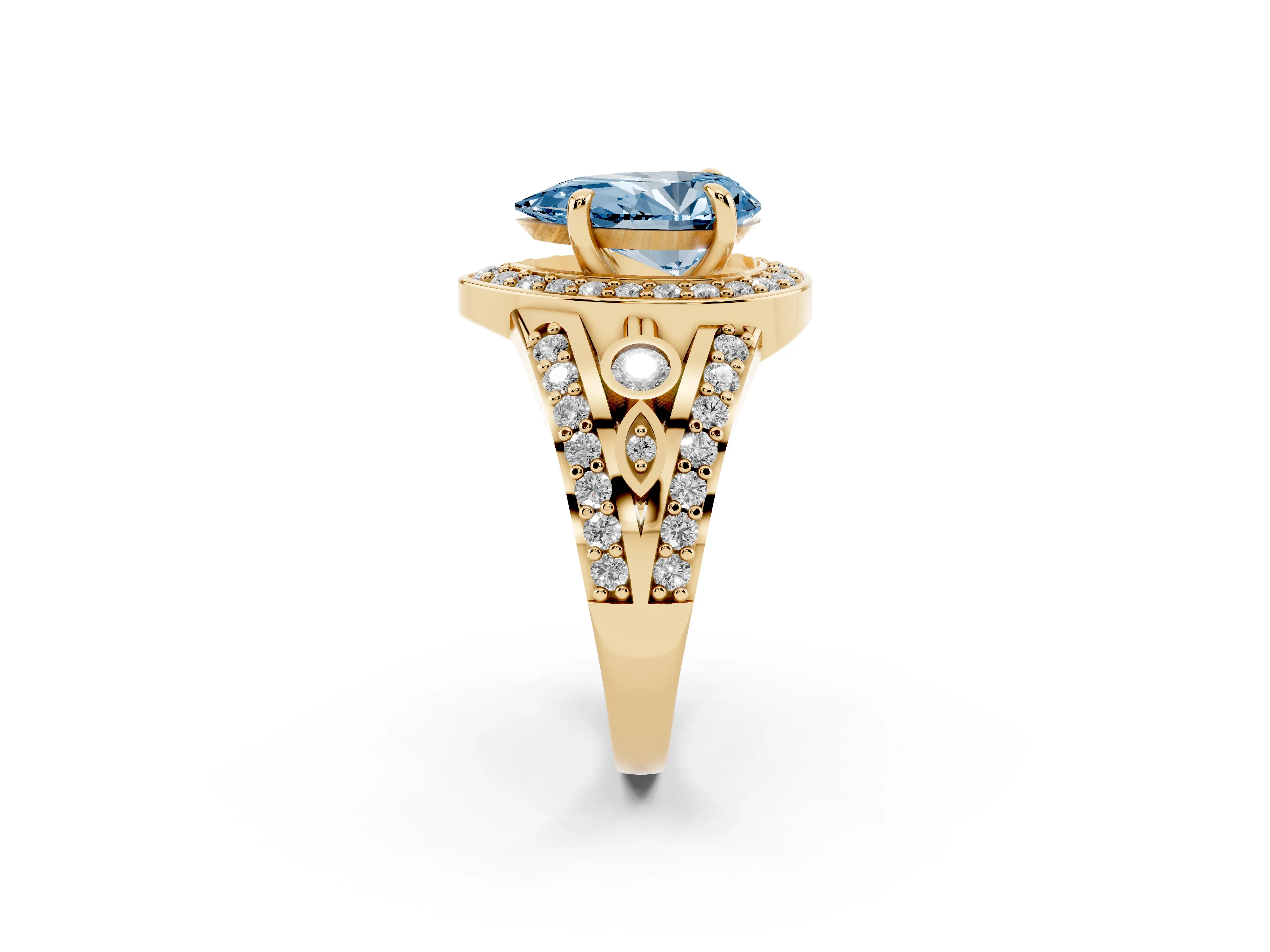 Fancy Blue Pear Cut Diamond Halo Ring Set in Yellow gold with Pavé Split Shank and Bezel Accents