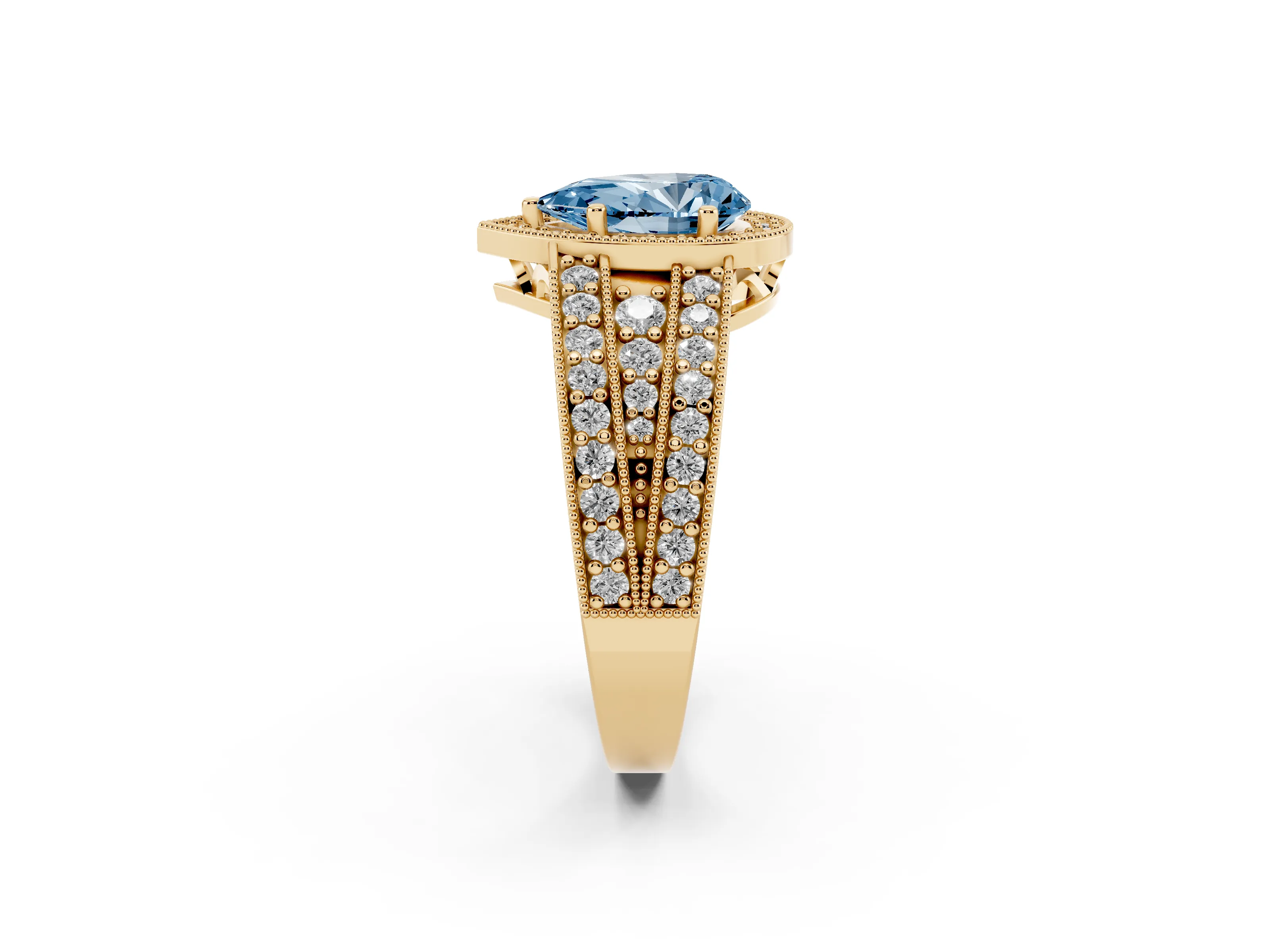 Fancy Blue Pear Cut Diamond Halo Ring Set in Yellow gold with Accent Split Shank and Prong Setting