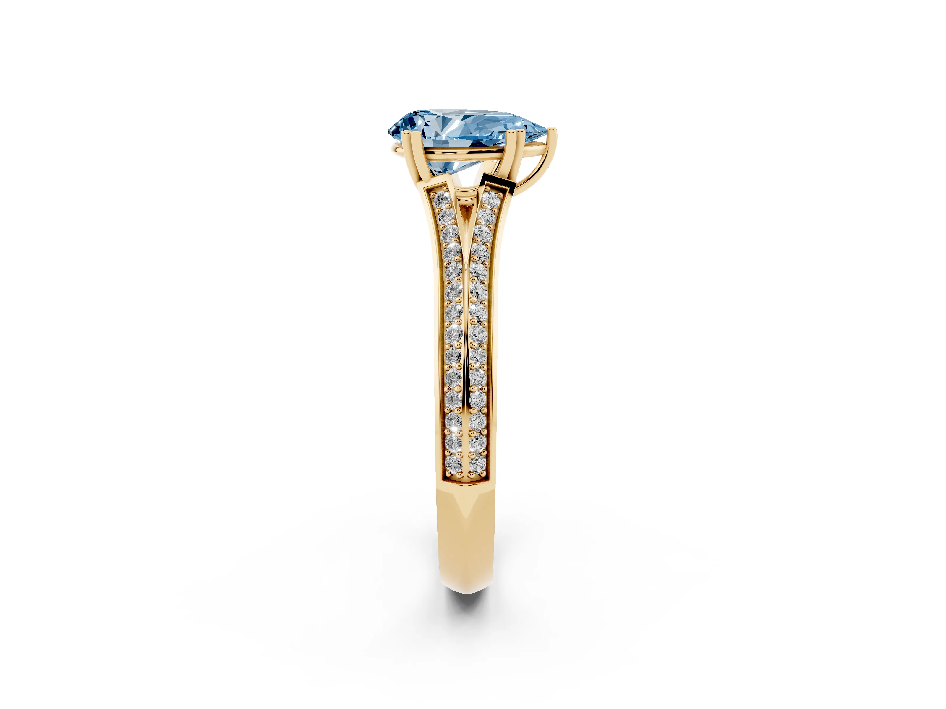 Fancy Blue Pear Cut Diamond Split Shank Pavé Engagement Ring Set in Yellow gold with Prong-Set Center Stone