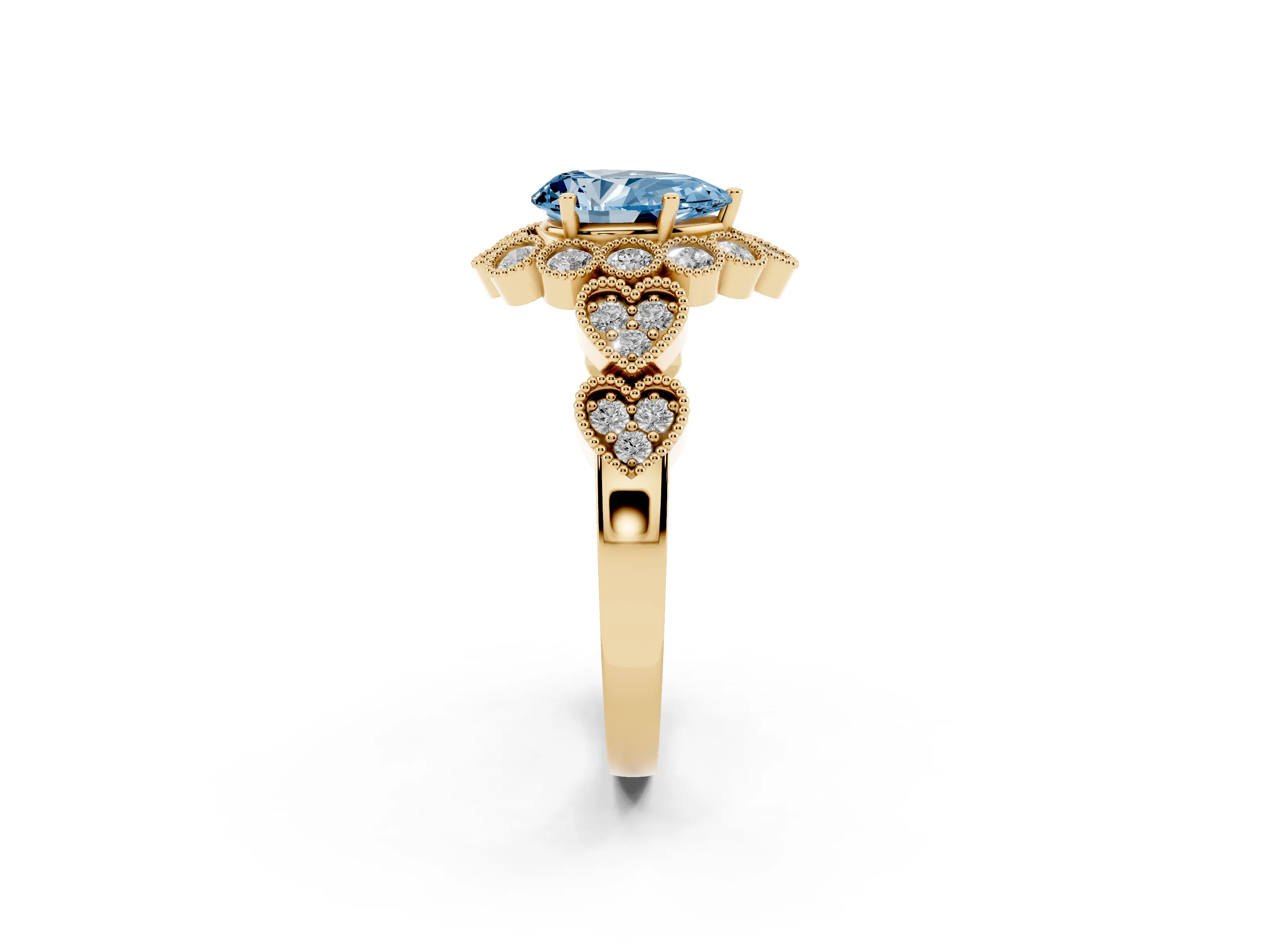 Fancy Blue Pear Cut Diamond Solitaire Ring Set in Yellow gold with Milgrain Pavé Heart Band