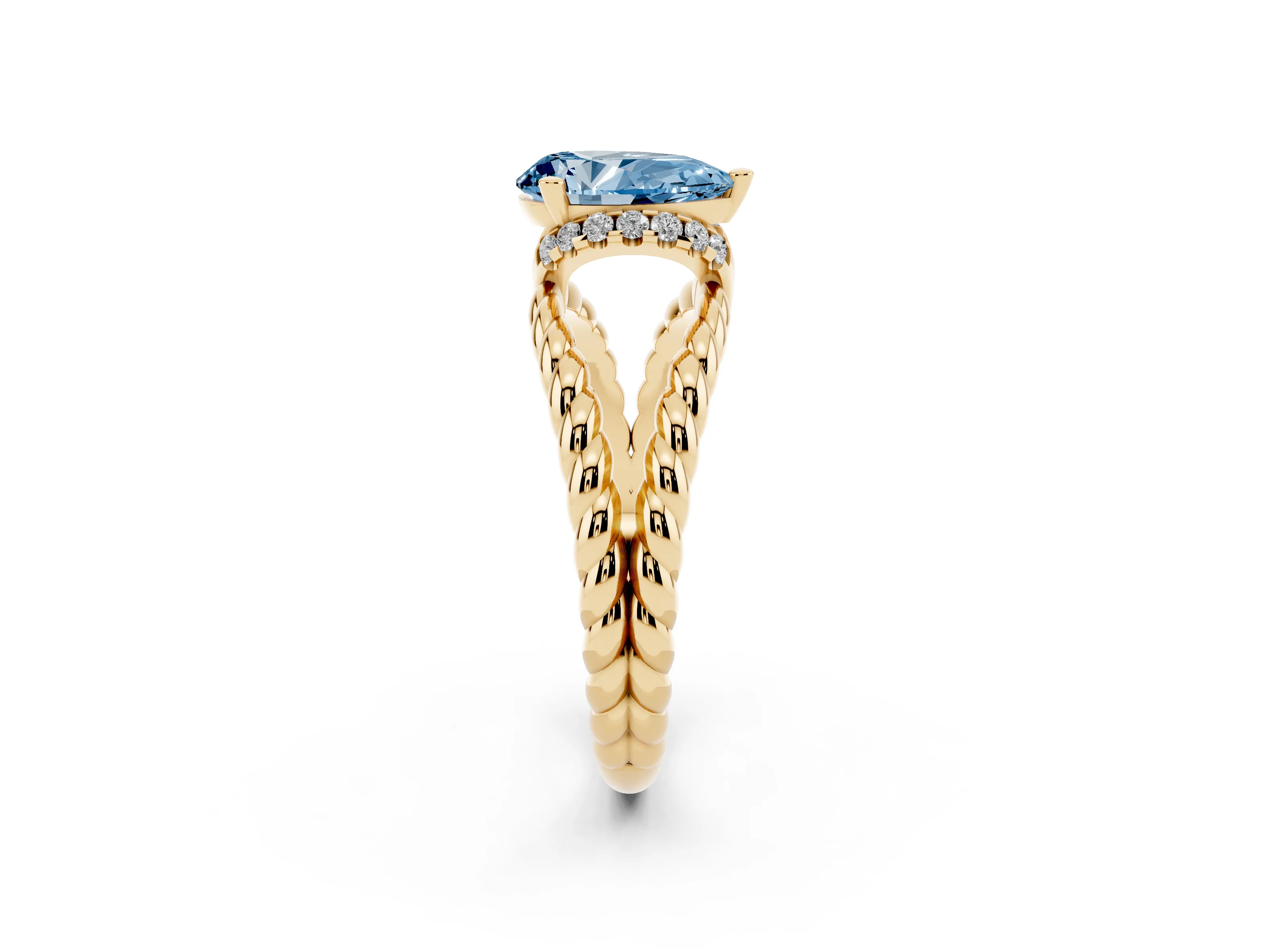 Fancy Blue Pear Cut Diamond Halo Ring Set in Yellow gold with Twisted Band and Prong Setting