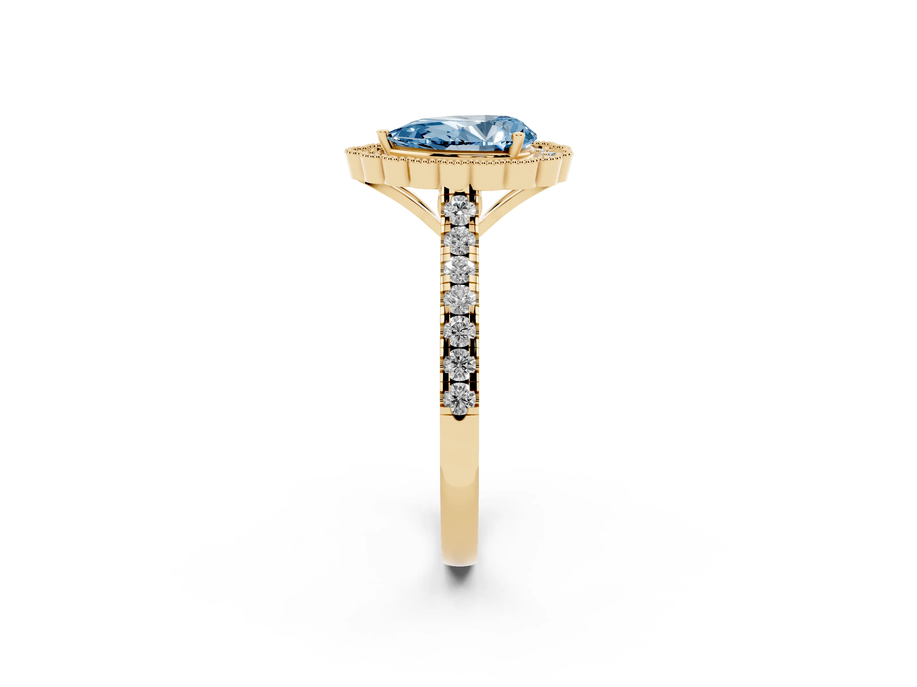 Fancy Blue Pear Cut Diamond Milgrain Floral Halo Engagement Ring Set in Yellow gold with Pavé Band