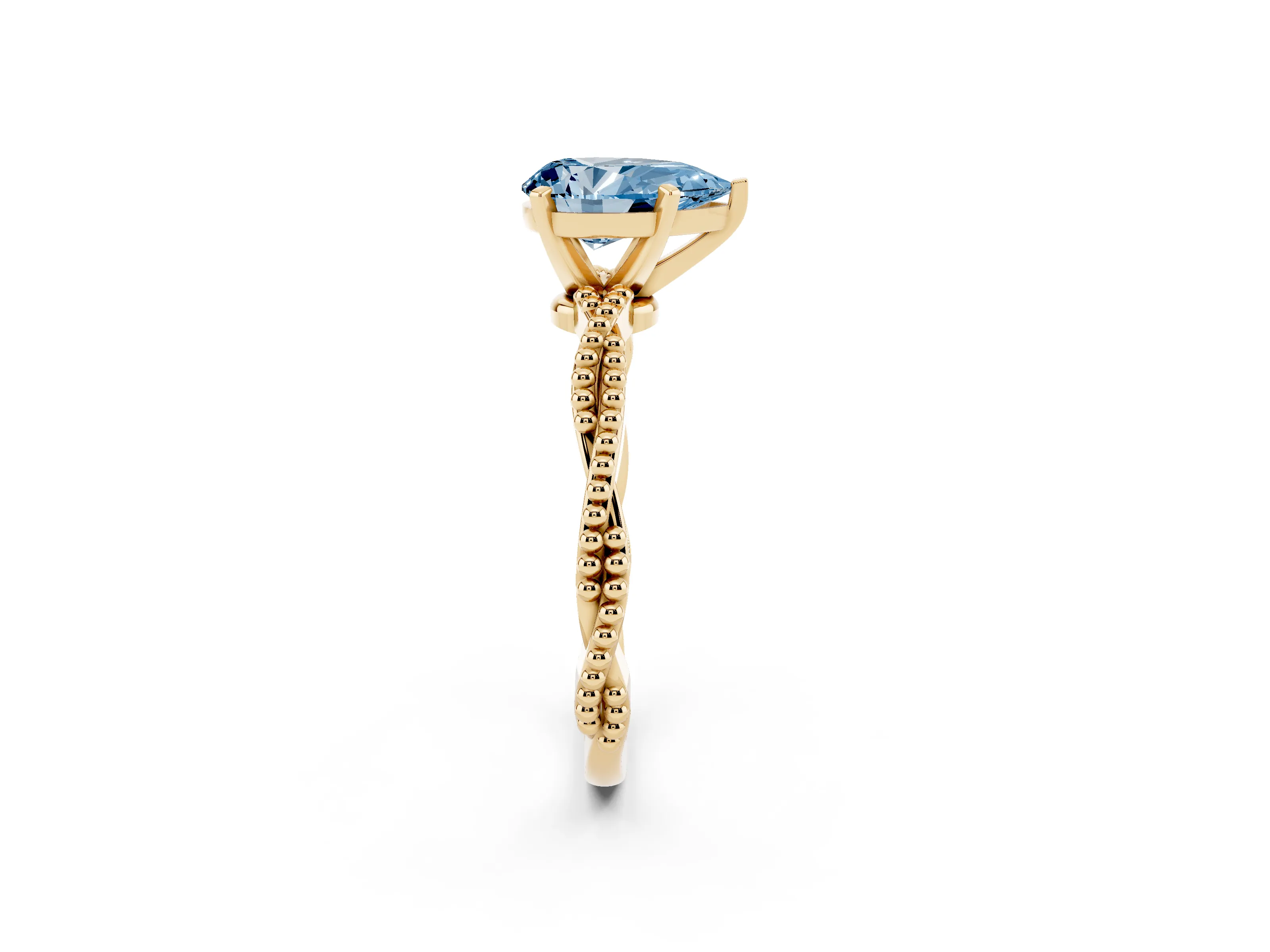 Fancy Blue Pear Cut Diamond Solitaire Ring Set in Yellow gold with Twisted Band and Bead Prong Setting