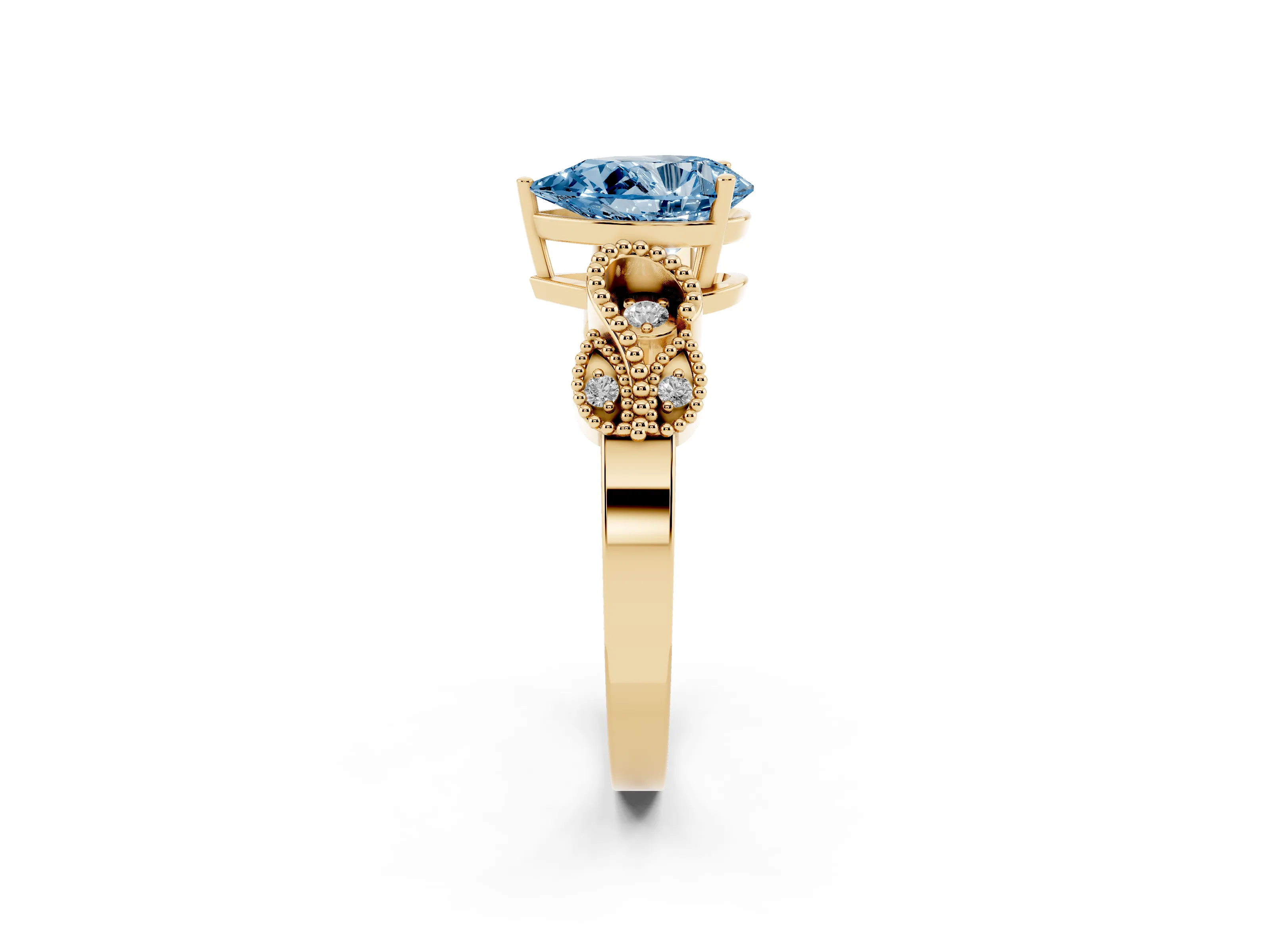 Fancy Blue Pear Cut Diamond Milgrain Leaf Band Solitaire Ring Set in Yellow gold with Accent Stones and Prong Setting