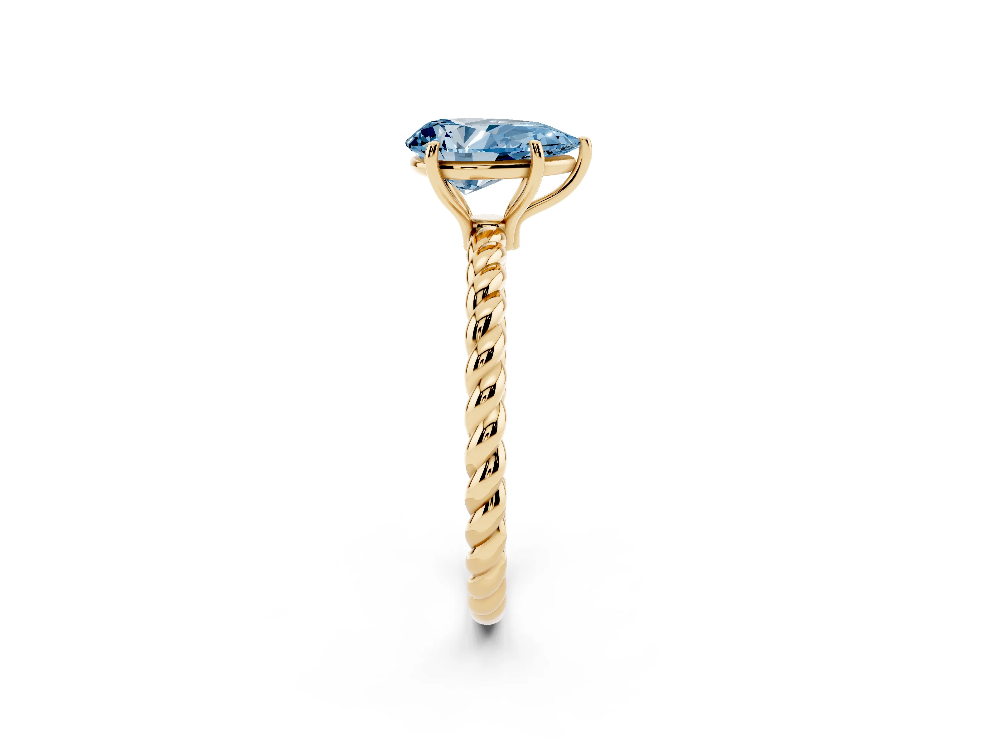 Fancy Blue Pear Cut Diamond Solitaire Ring Set in Yellow gold with Twist Band and Prong Setting