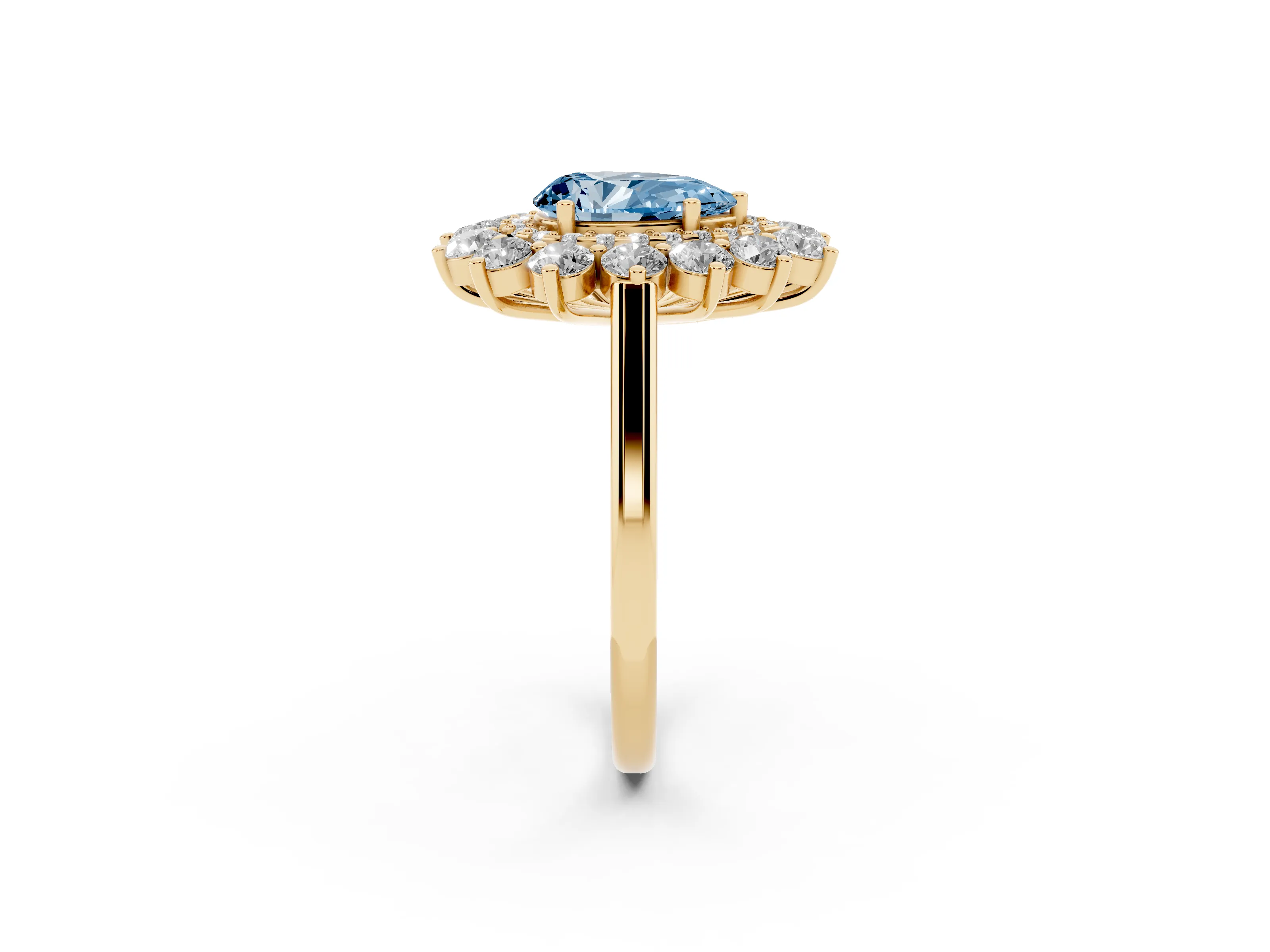 Fancy Blue Pear Cut Diamond Floral Double Halo Ring Set in Yellow gold with Round Petals