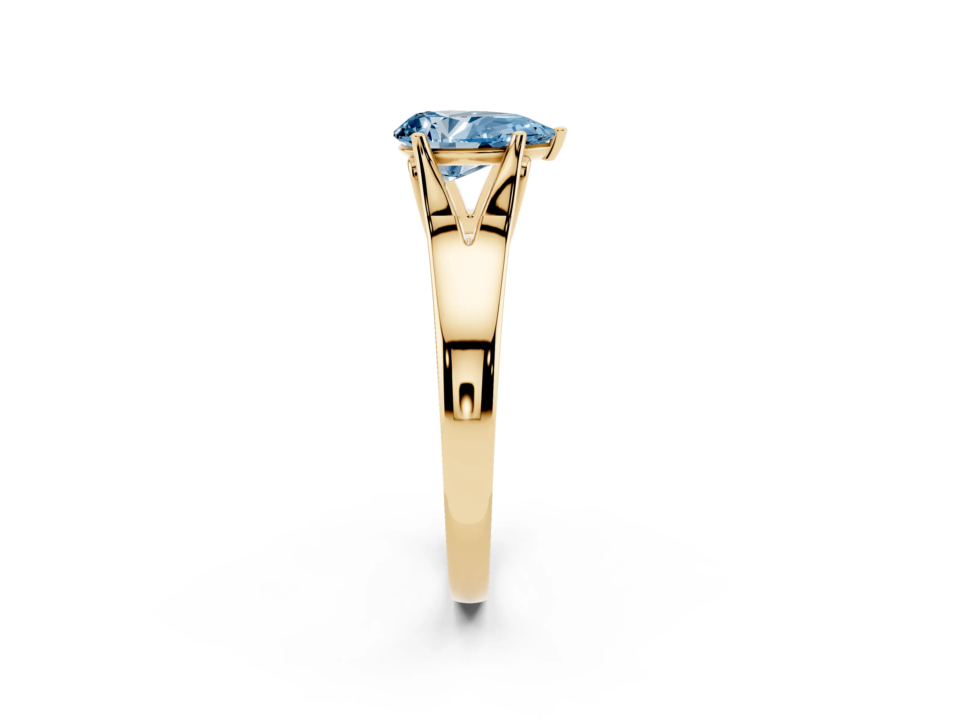 Fancy Blue Pear Cut Diamond Solitaire Ring Set in Yellow gold with Arched Cathedral Band and Prong Setting