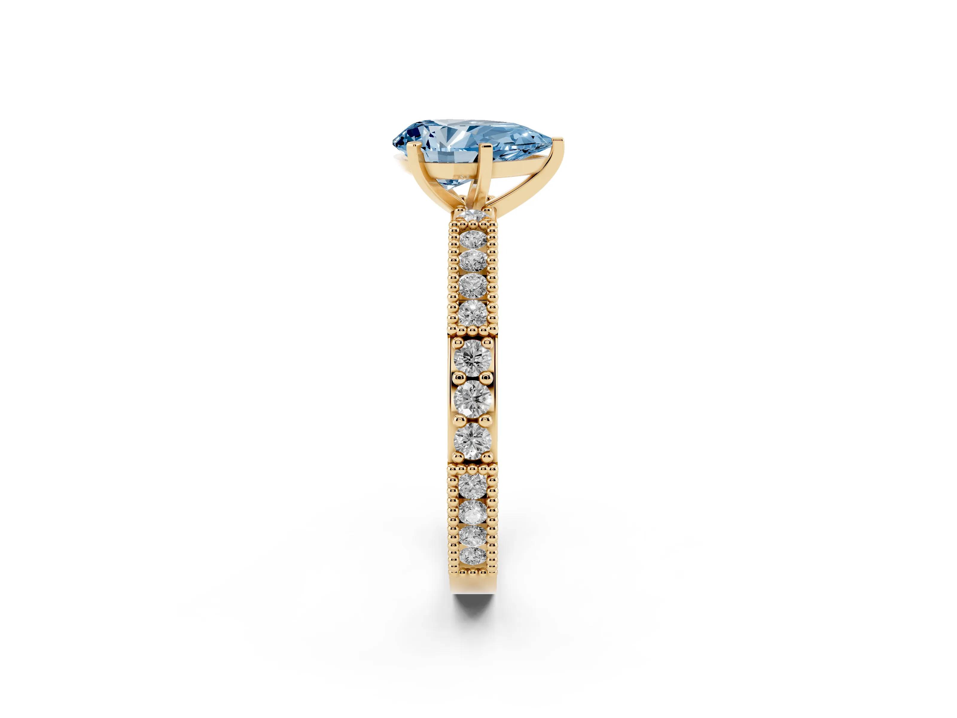 Fancy Blue Pear Cut Diamond Solitaire Ring Set in Yellow gold with Slim Pavé Band and Prong Setting