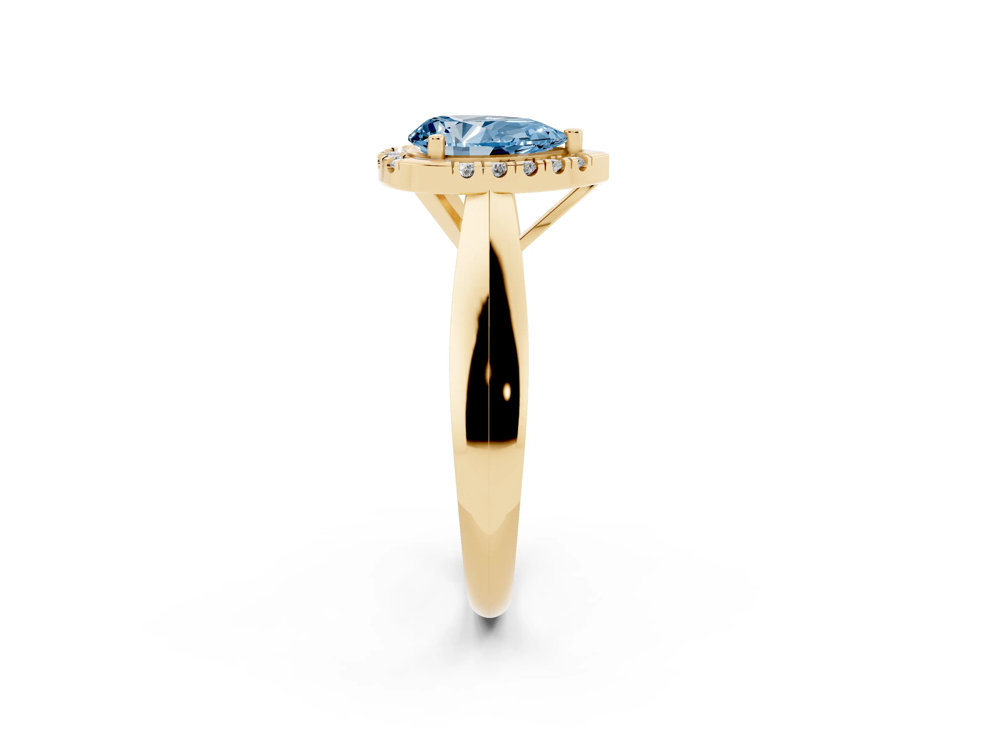 Fancy Blue Pear Cut Diamond Halo Solitaire Engagement Ring Set in Yellow gold with Square Band and Prong Setting
