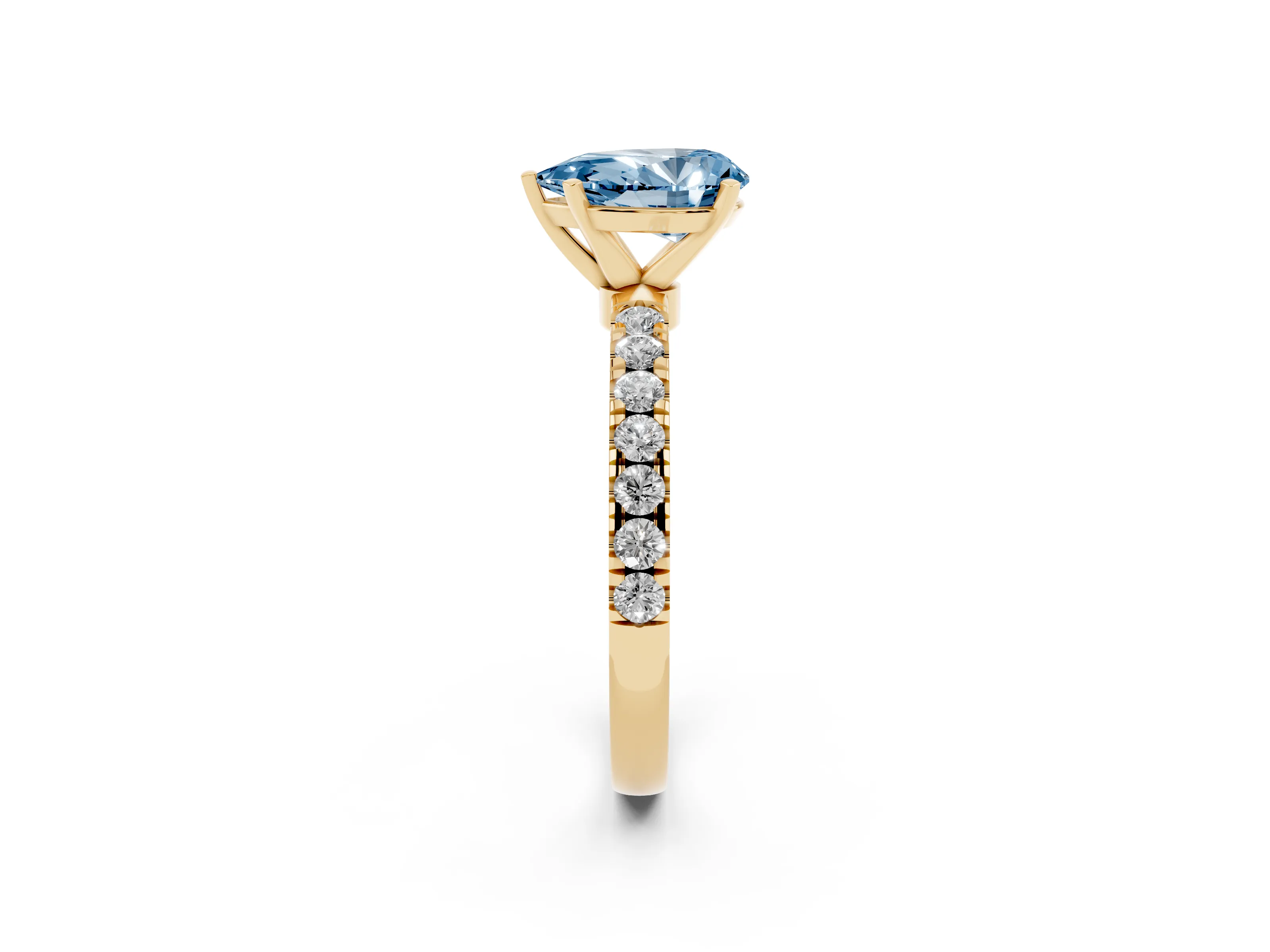 Fancy Blue Pear Cut Diamond Solitaire Ring Set in Yellow gold with Pavé Accents and Prong Setting