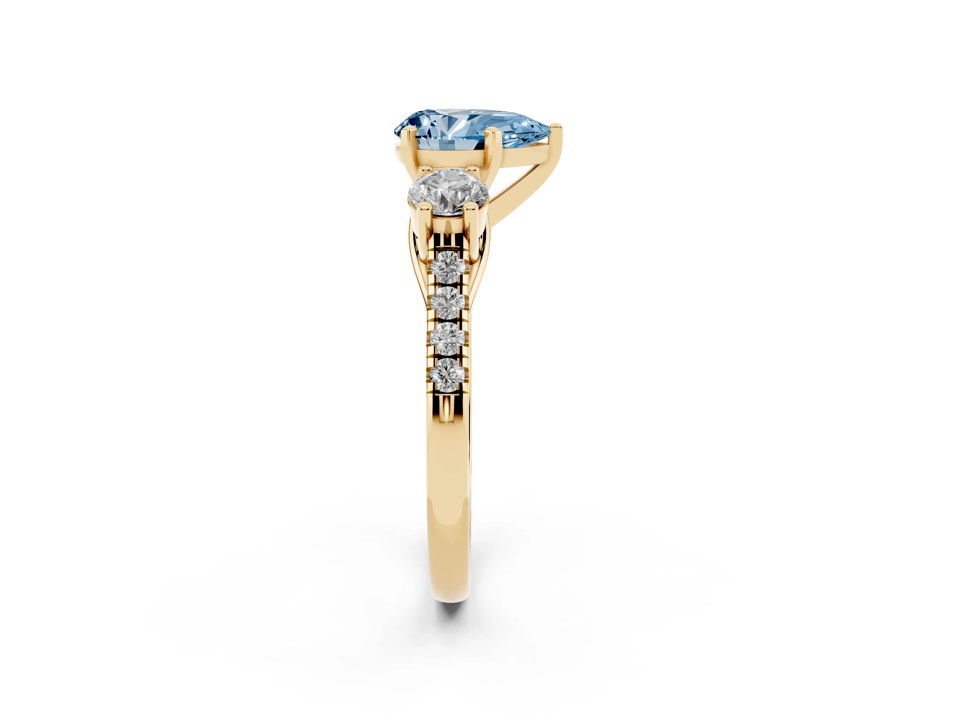 Fancy Blue Three-Stone Pear Cut Diamond Pavé Band Ring Set in Yellow gold with Prong-Set Trio