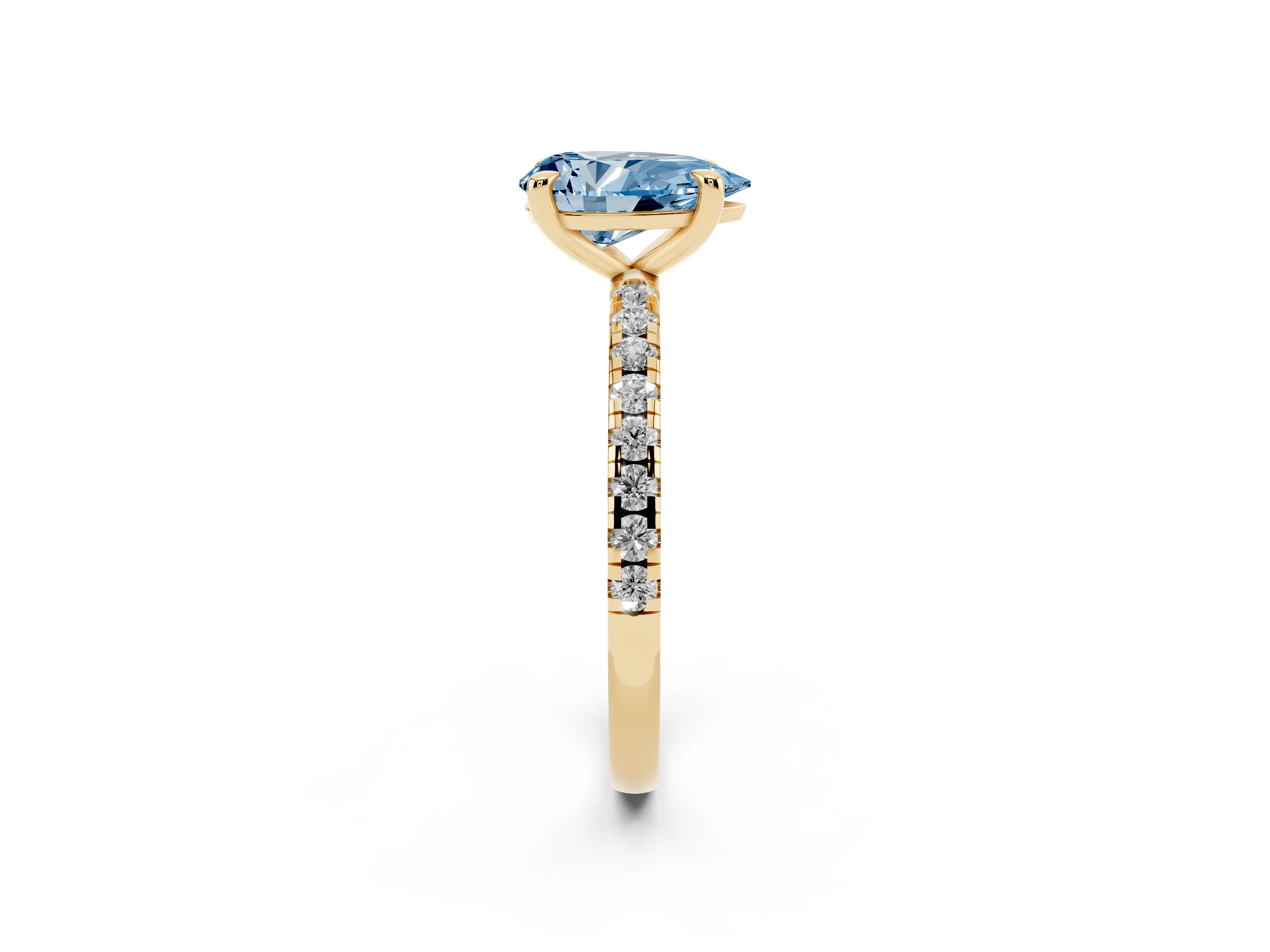 Fancy Blue Pear Cut Diamond Brilliant Solitaire Ring Set in Yellow gold with Pavé Band and Prong Setting