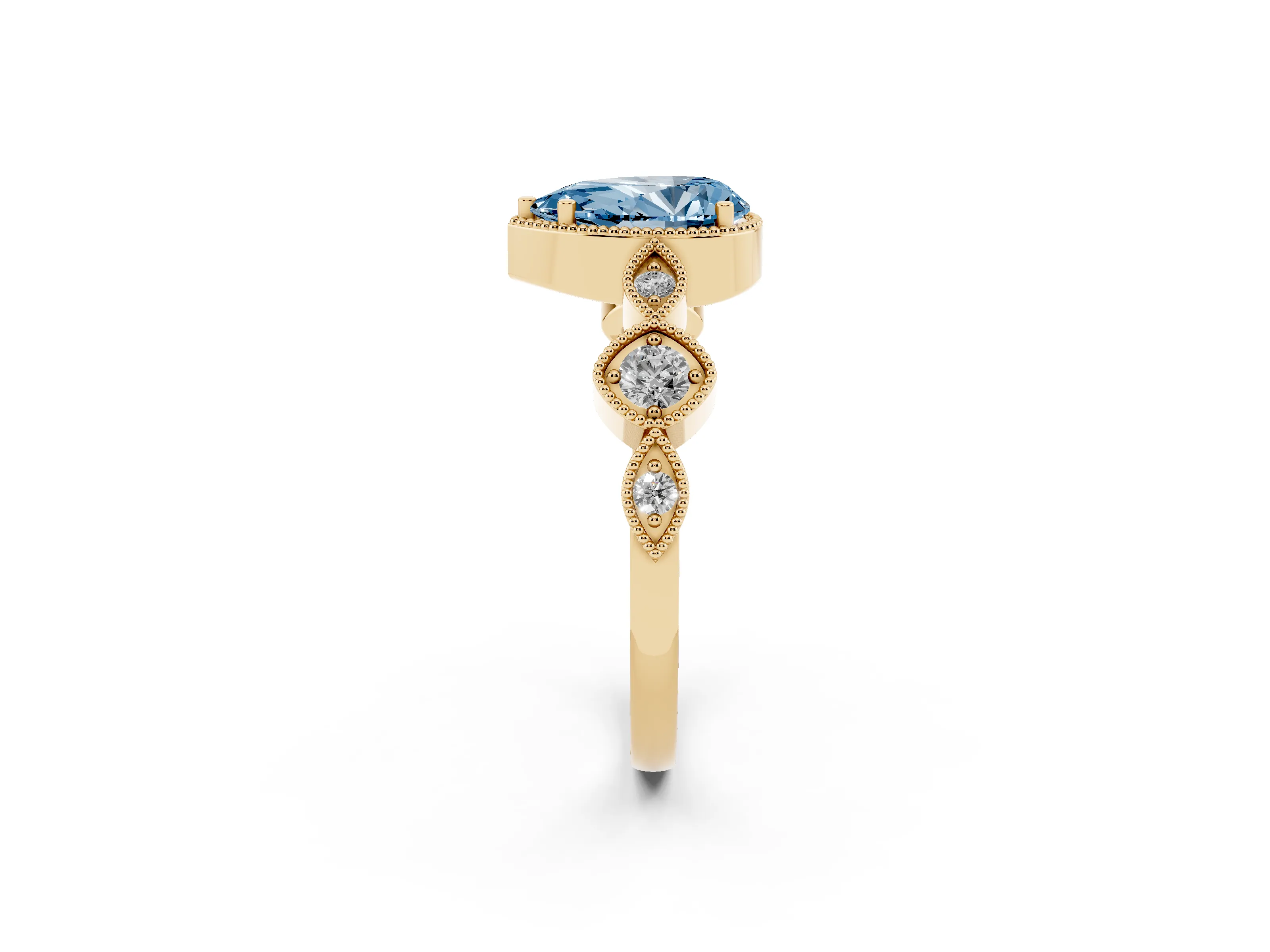 Fancy Blue Pear Cut Diamond Vintage-Inspired Milgrain Ring Set in Yellow gold with Marquise Stations of Round Accents