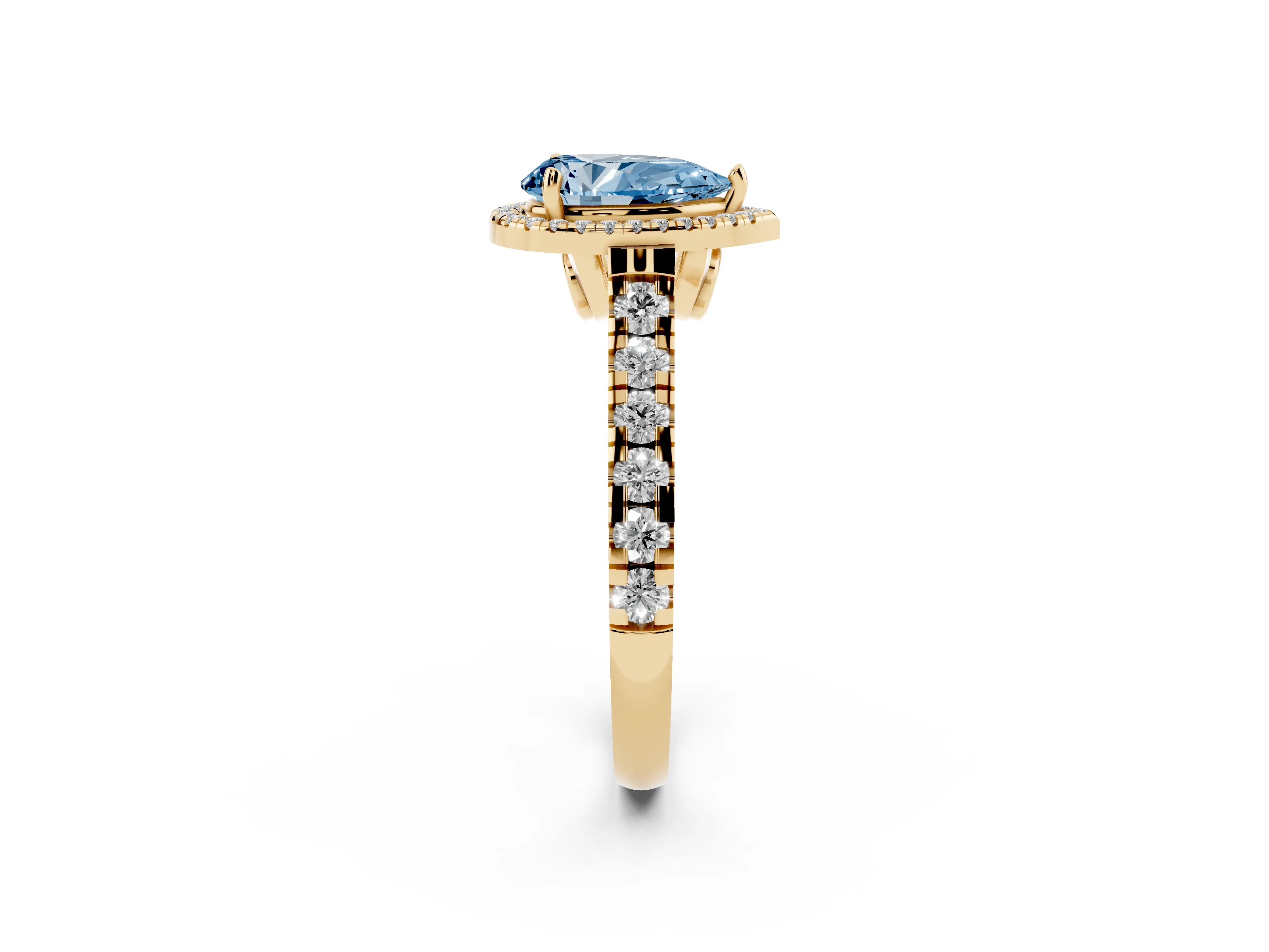 Fancy Blue Pear Cut Diamond Halo Engagement Ring Set in Yellow gold with Pavé Band and Prong-Set Center