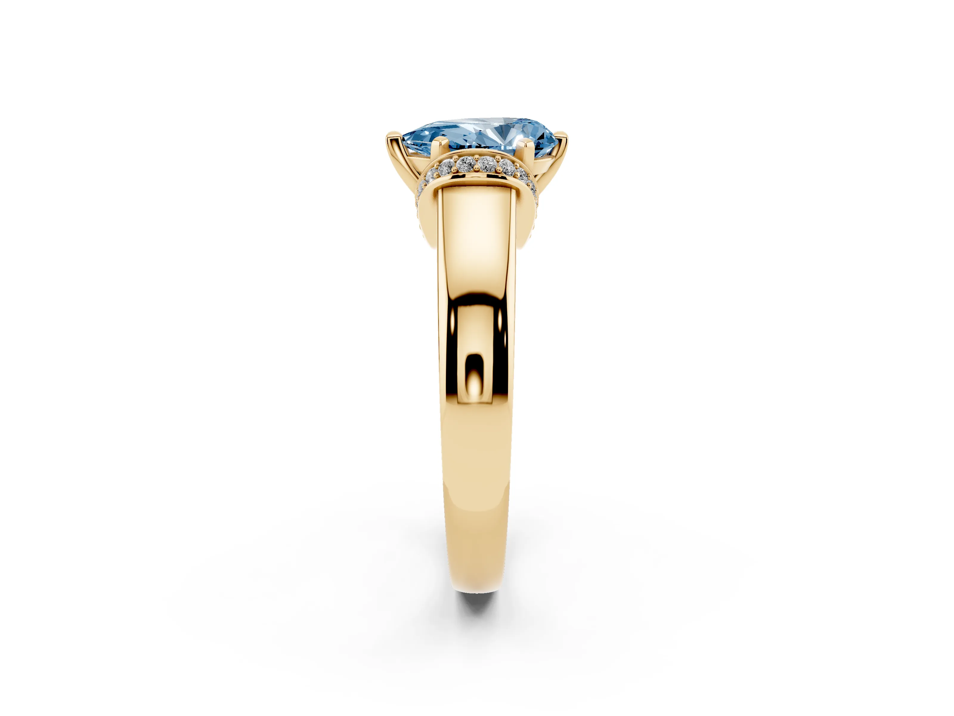 Fancy Blue Pear Cut Diamond Pavé Band Solitaire Ring Set in Yellow gold with Prong Setting
