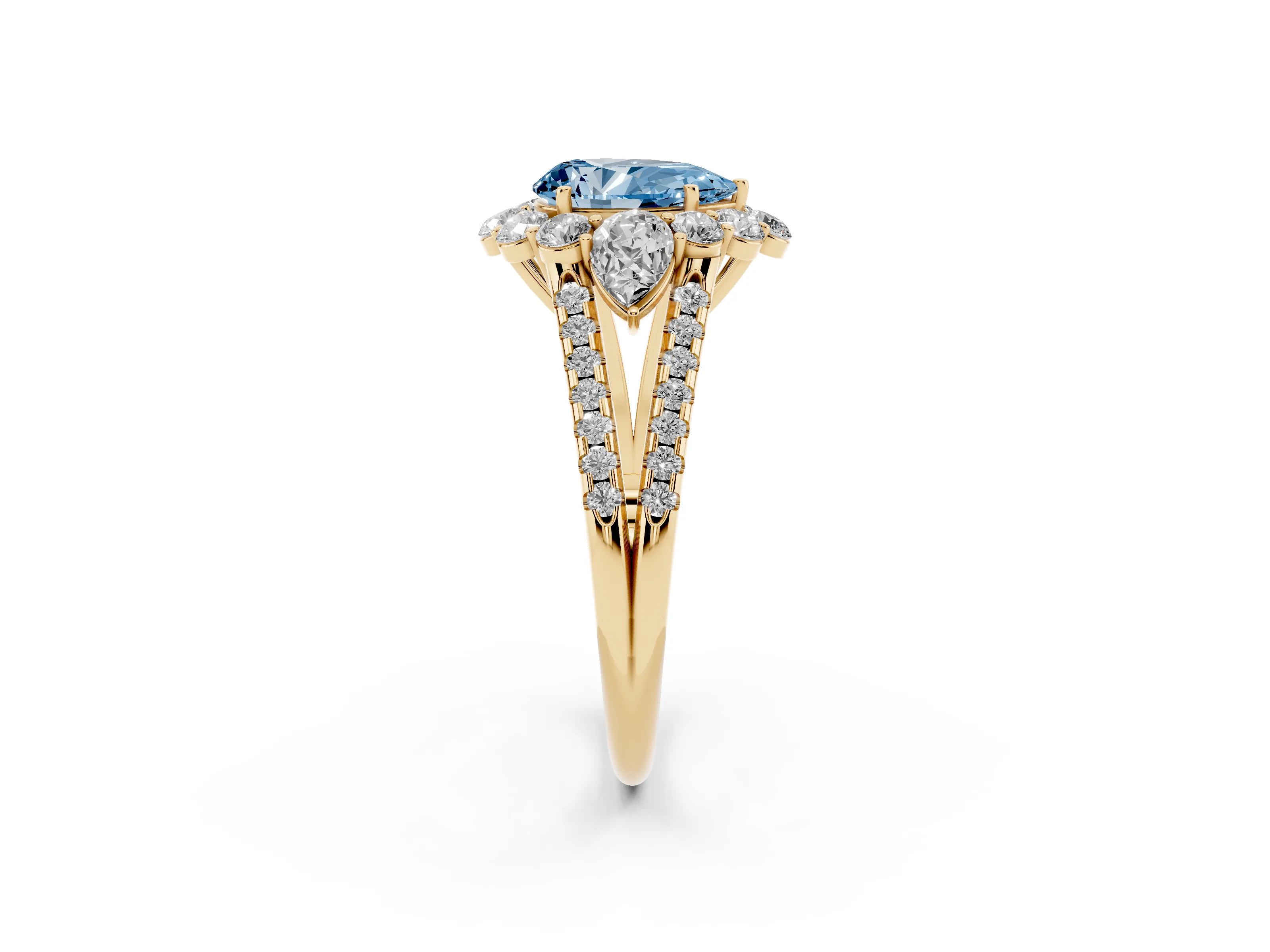 Fancy Blue Pear Cut Diamond Halo Split Shank Engagement Ring Set in Yellow gold with Prong-Held Center Stone