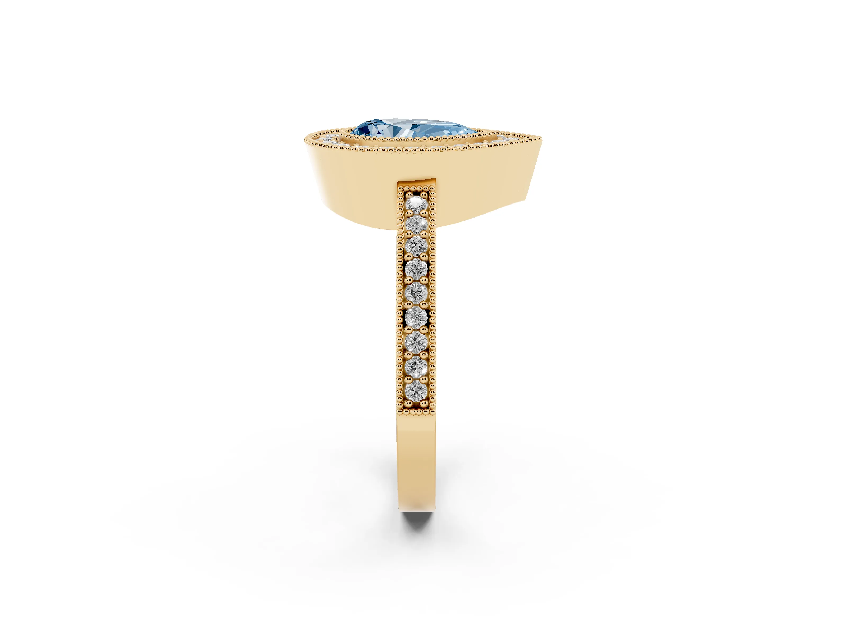 Fancy Blue Pear Cut Diamond Halo Engagement Ring Set in Yellow gold with Pavé Band and Round Halo Stones