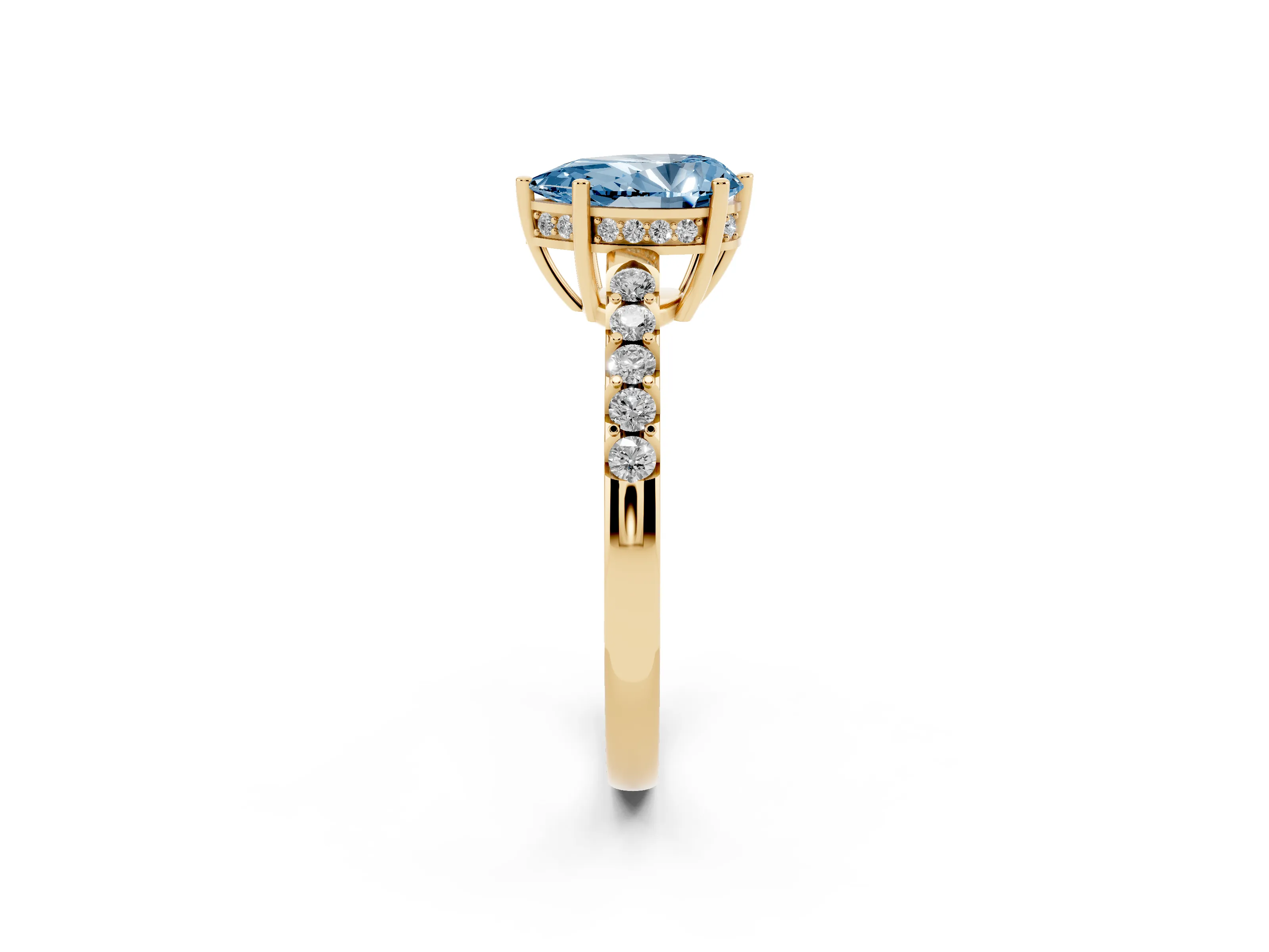 Fancy Blue Pear Cut Diamond Solitaire Engagement Ring Set in Yellow gold with Pavé Band and Prong Setting