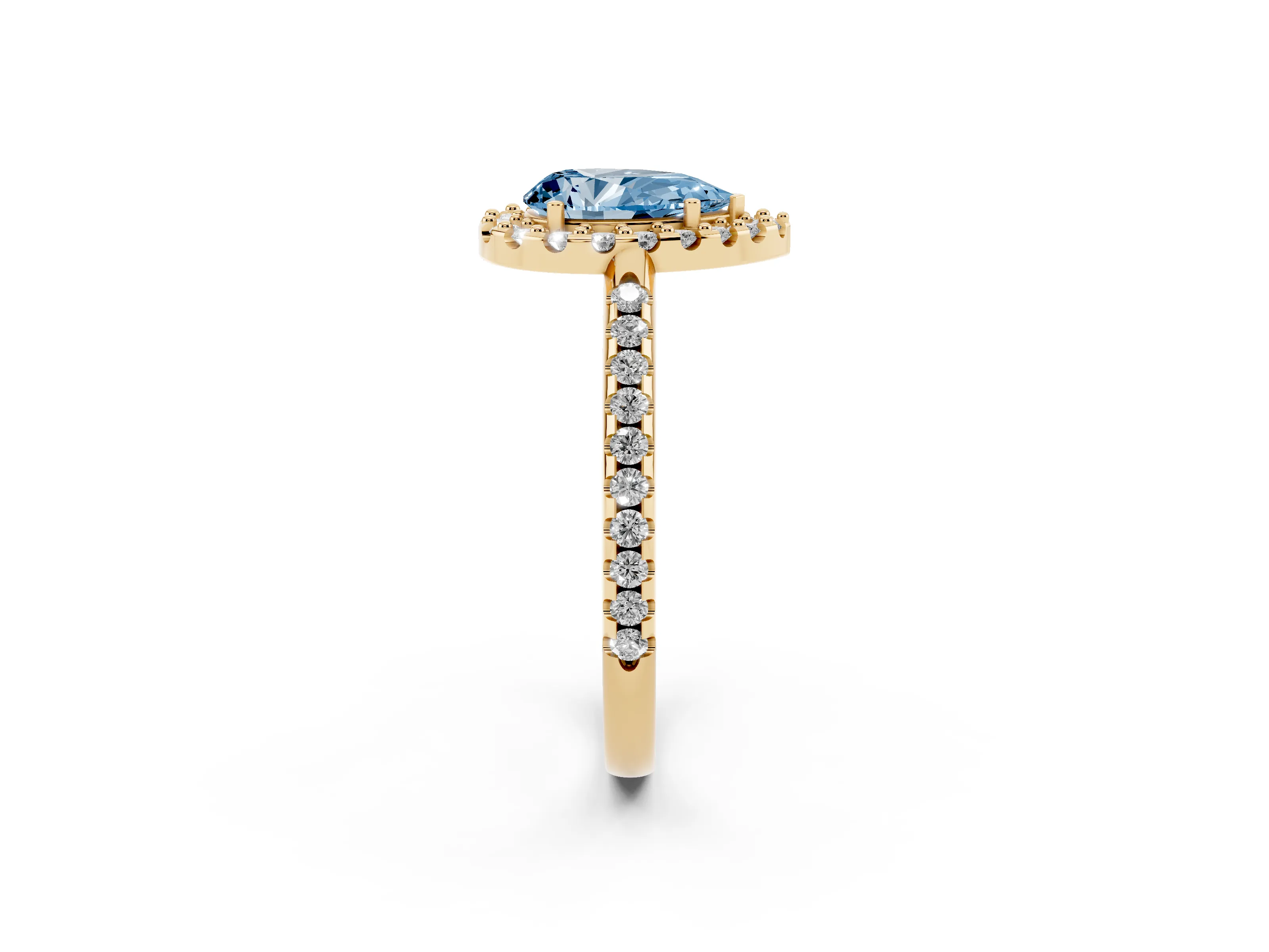 Fancy Blue Pear Cut Diamond Pavé Halo Ring Set in Yellow gold with Prong Setting