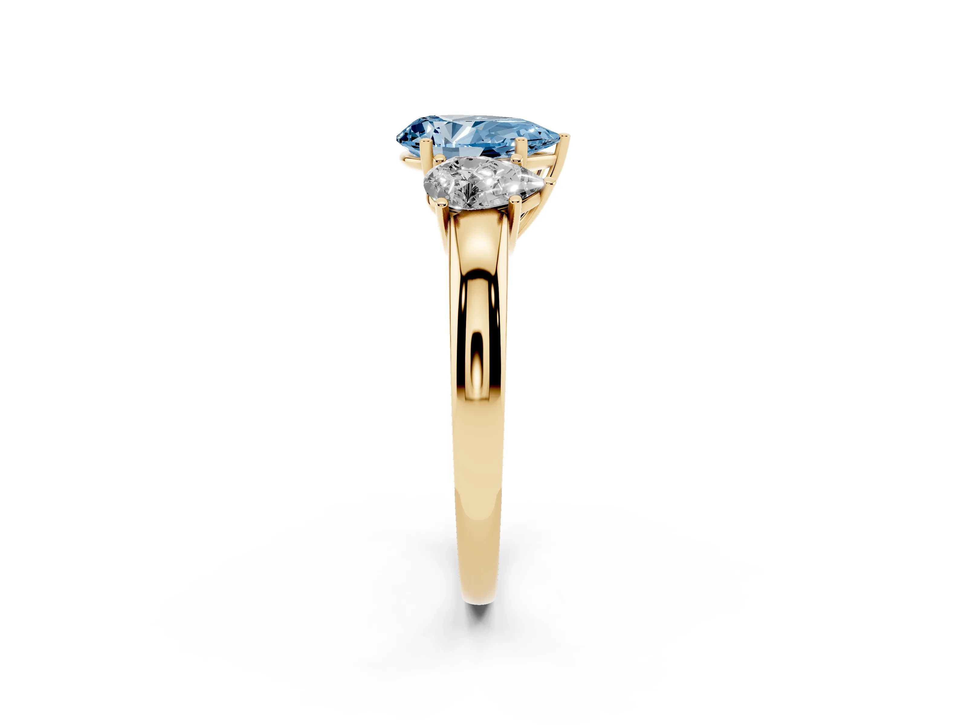 Fancy Blue Pear Cut Diamond Three-Stone Ring Set in Yellow gold with Bold Center and Classic Band