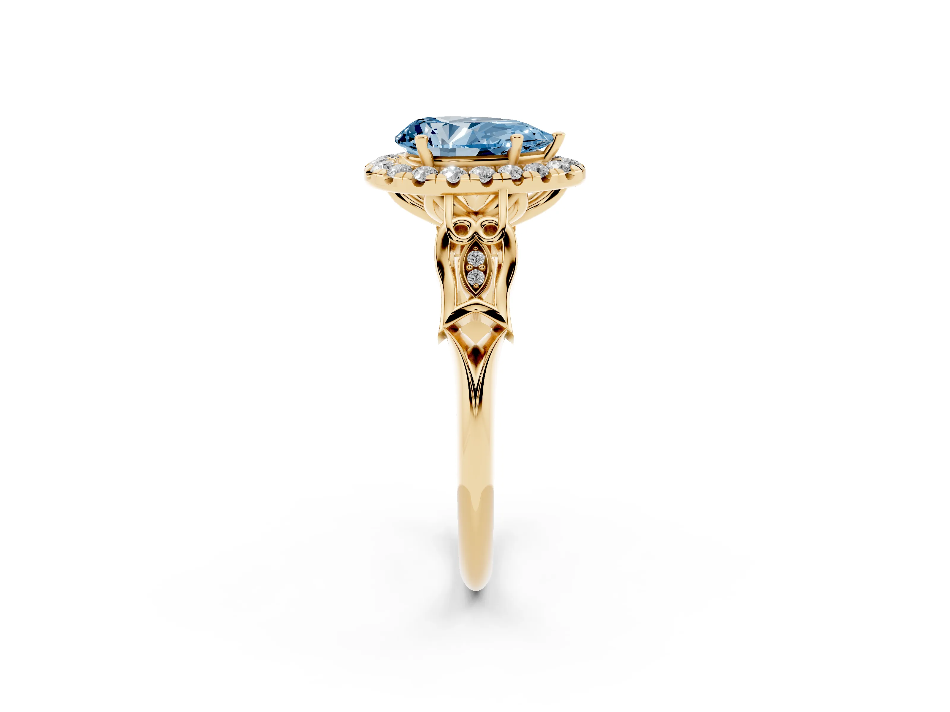 Fancy Blue Pear Cut Diamond Halo Engagement Ring Set in Yellow gold with Filigree Band and Prong-Set Center