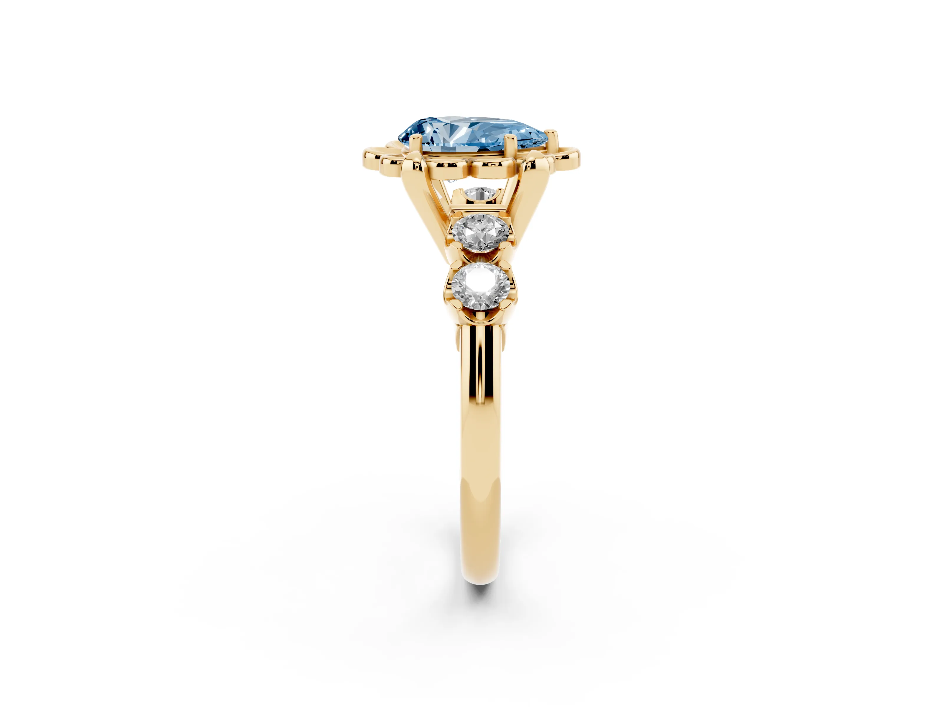 Fancy Blue Pear Cut Diamond Floral Halo Ring Set in Yellow gold with Shared Prong Band