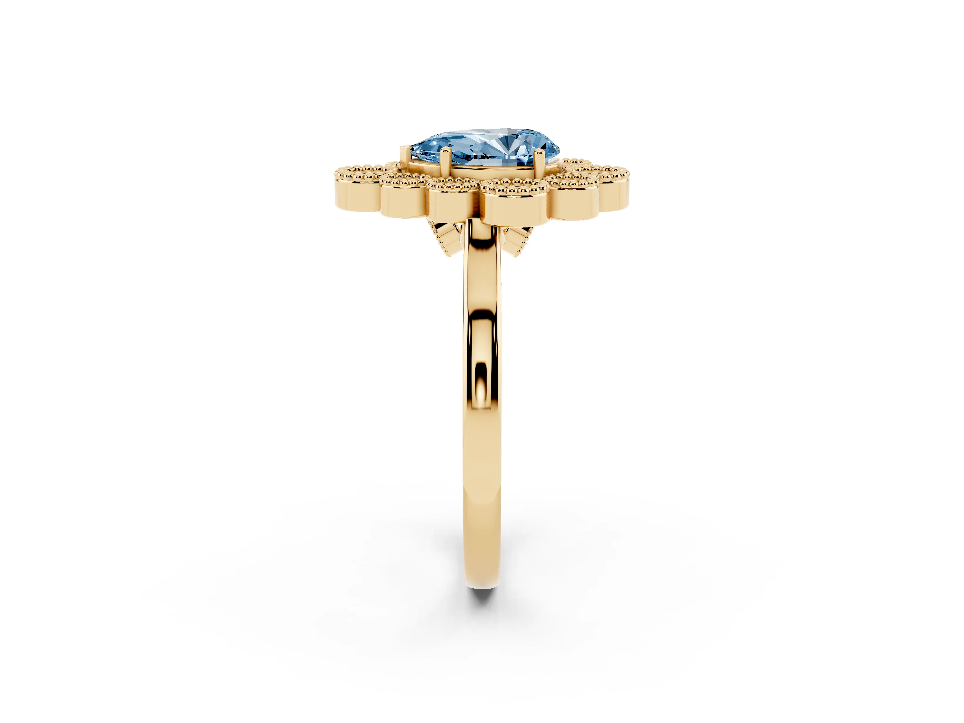 Fancy Blue Pear Cut Diamond Cluster Halo Ring Set in Yellow gold with Milgrain Bezel Accents and Plain Band