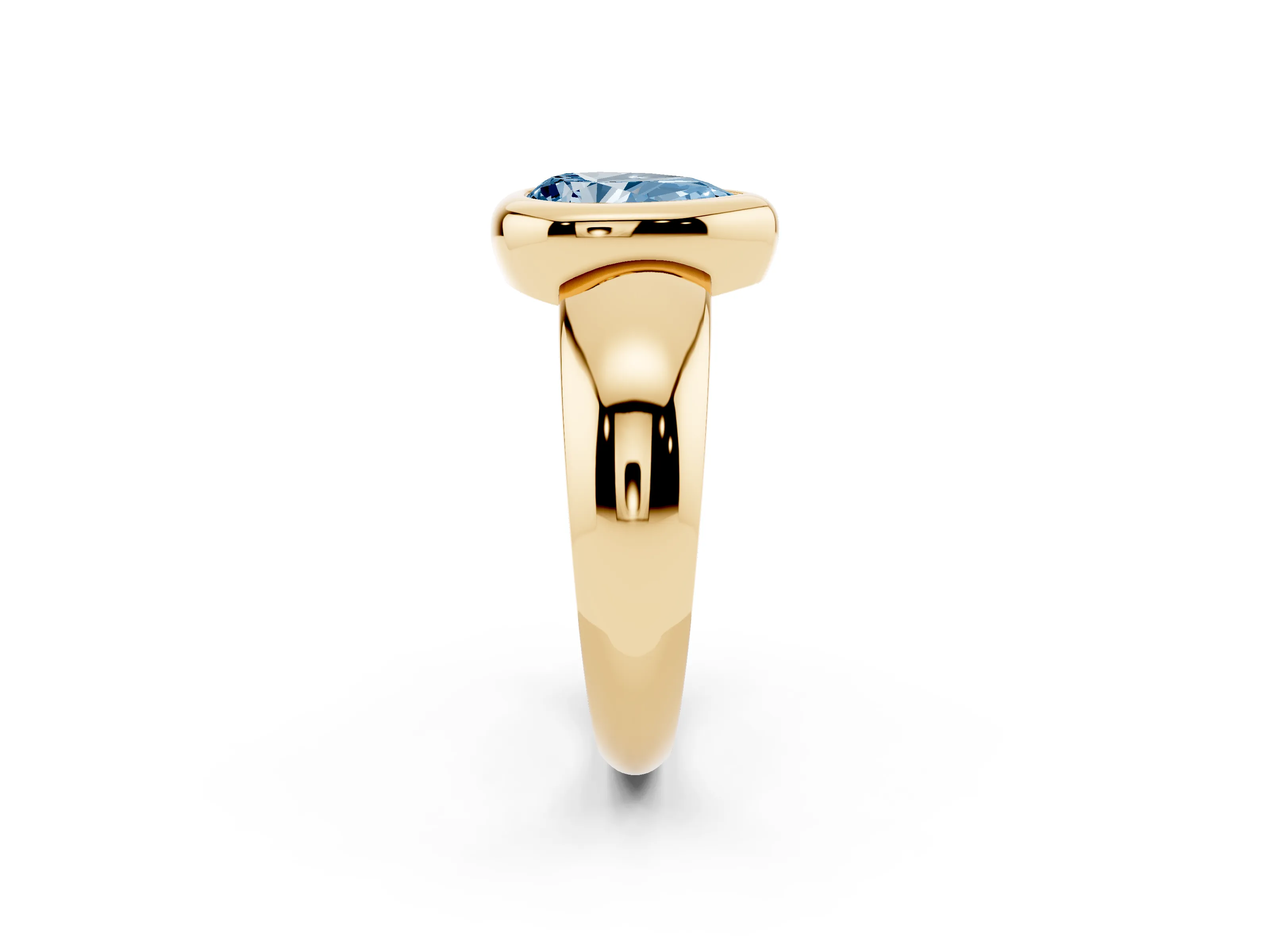 Fancy Blue Bezel Set Pear Cut Diamond Solitaire Ring Set in Yellow gold with Wide Band