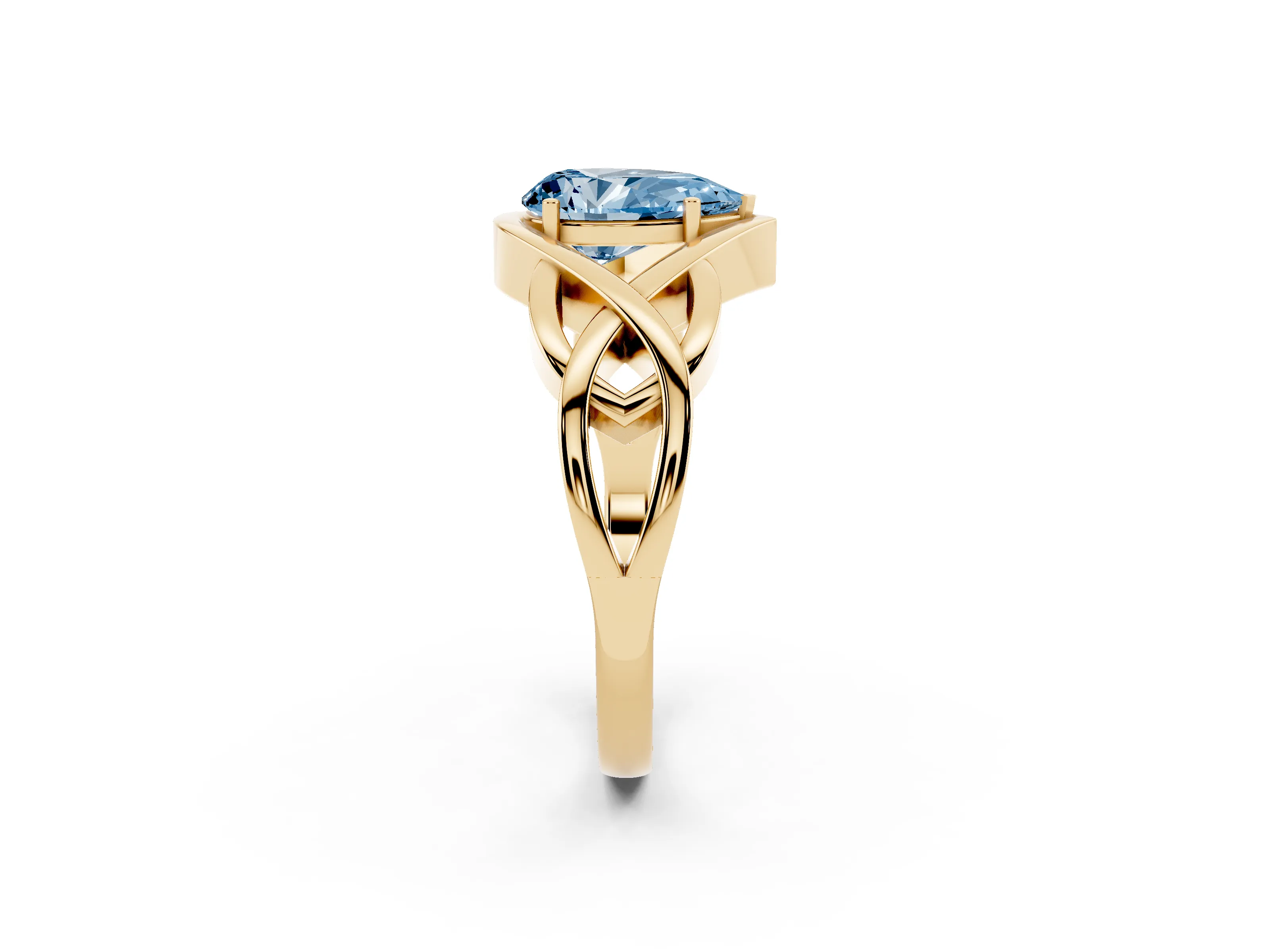 Fancy Blue Pear Cut Diamond Solitaire Ring Set in Yellow gold with Intertwined Band
