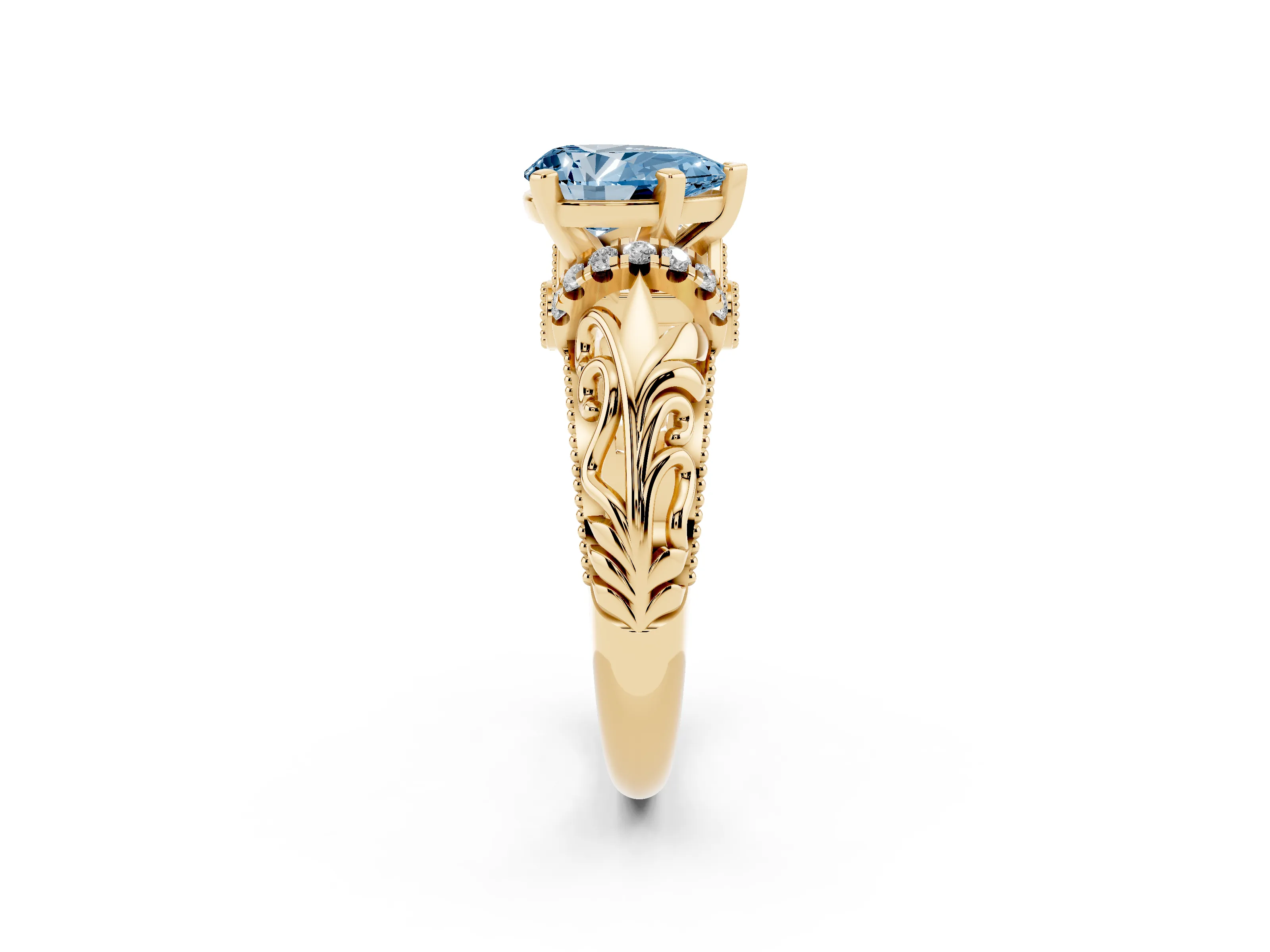 Fancy Blue Pear Cut Diamond Filigree Halo Engagement Ring Set in Yellow gold with Prong Setting