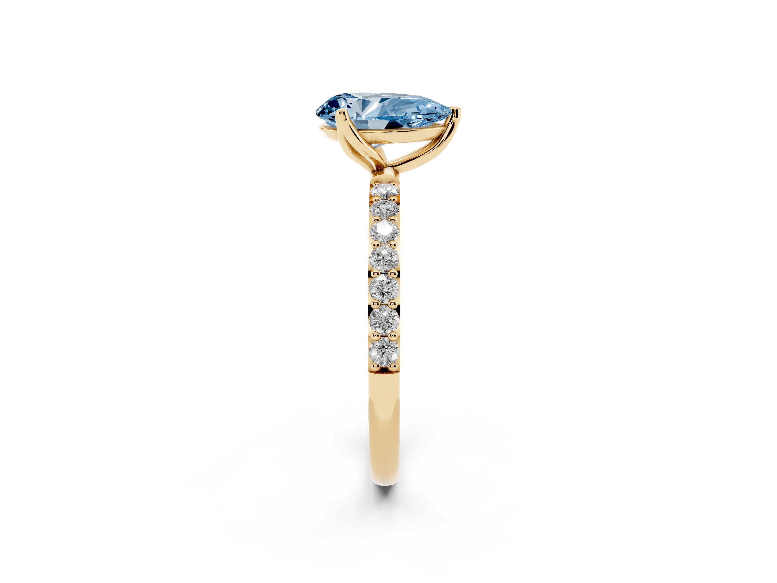 Fancy Blue Pear Cut Diamond Solitaire Engagement Ring Set in Yellow gold with Round Pavé Band and Prong Setting