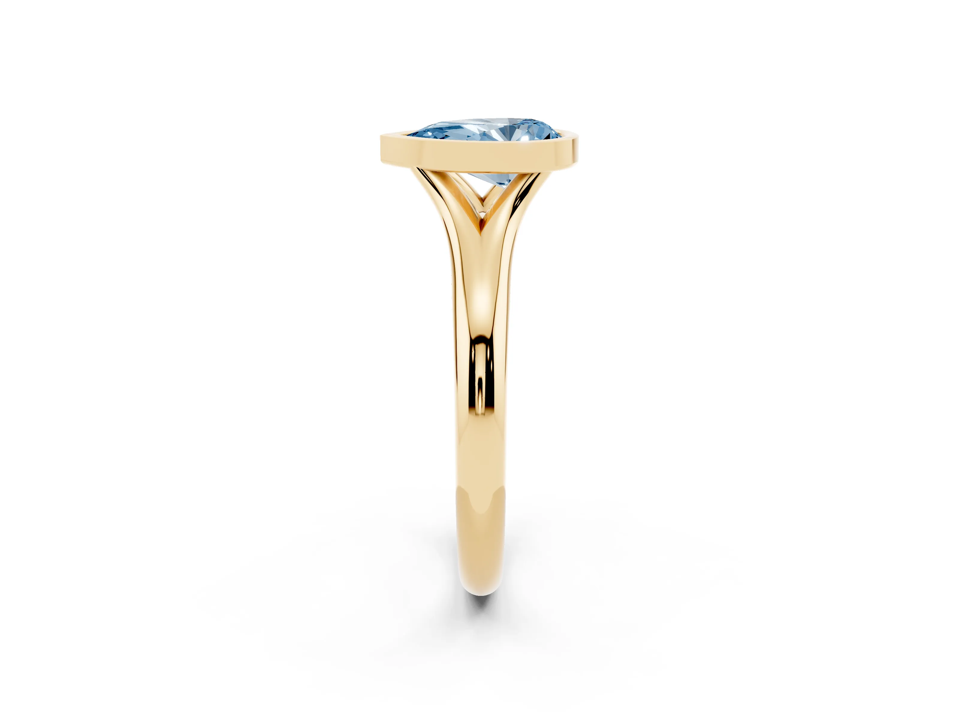 Fancy Blue Bezel Set Pear Cut Diamond Solitaire Ring Set in Yellow gold with Smooth Band