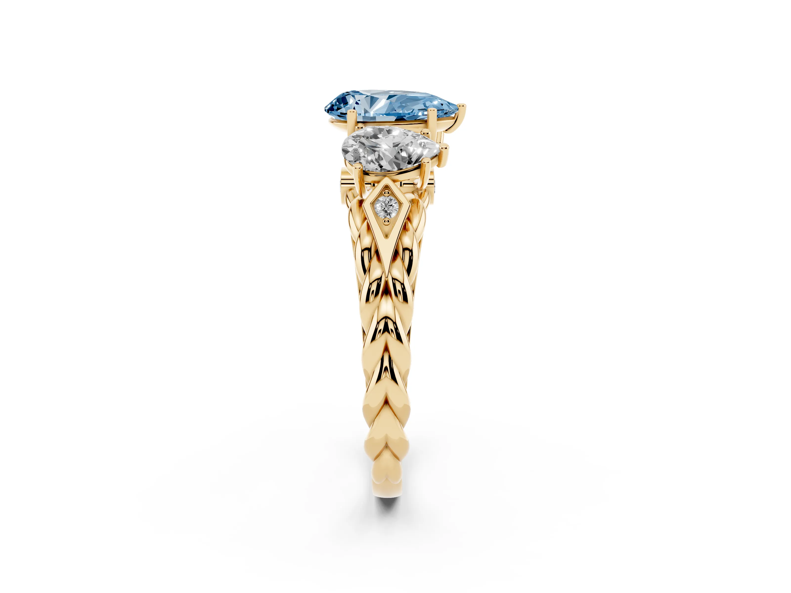 Fancy Blue Pear Cut Diamond Three-Stone Ring Set in Yellow gold with Braided Band