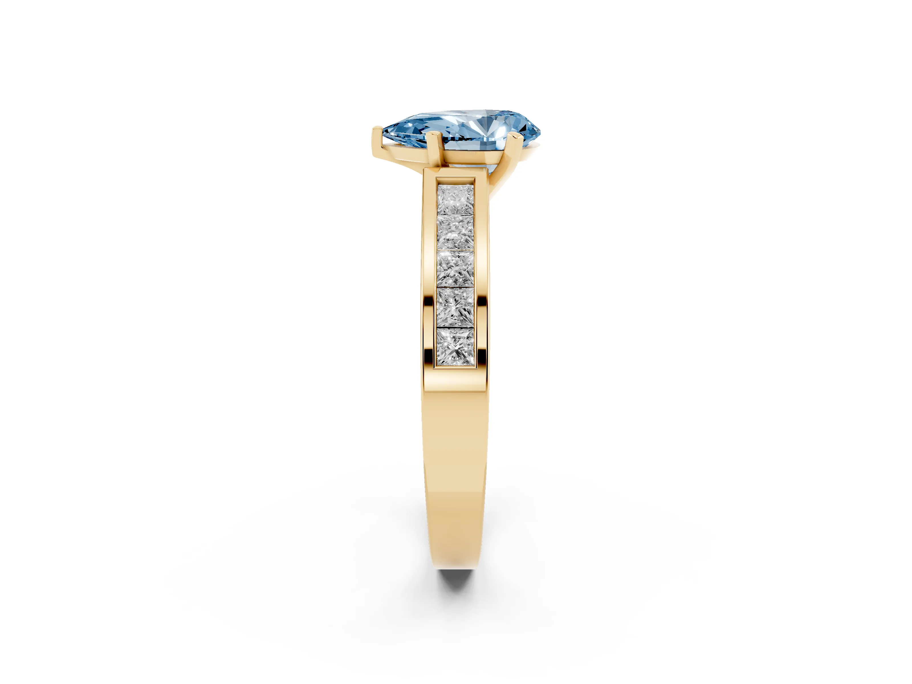 Fancy Blue Pear Cut Diamond Solitaire Ring Set in Yellow gold with Channel-Set Band and Prong Setting