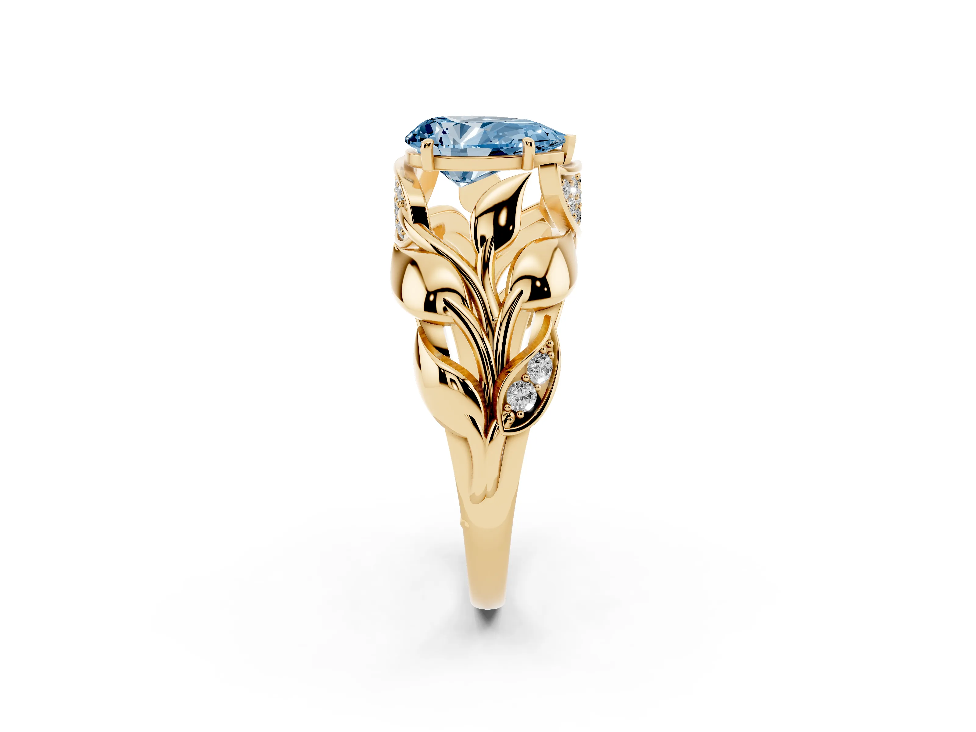 Fancy Blue Pear Cut Diamond Leaf-Inspired Engagement Ring Set in Yellow gold with Round Accents