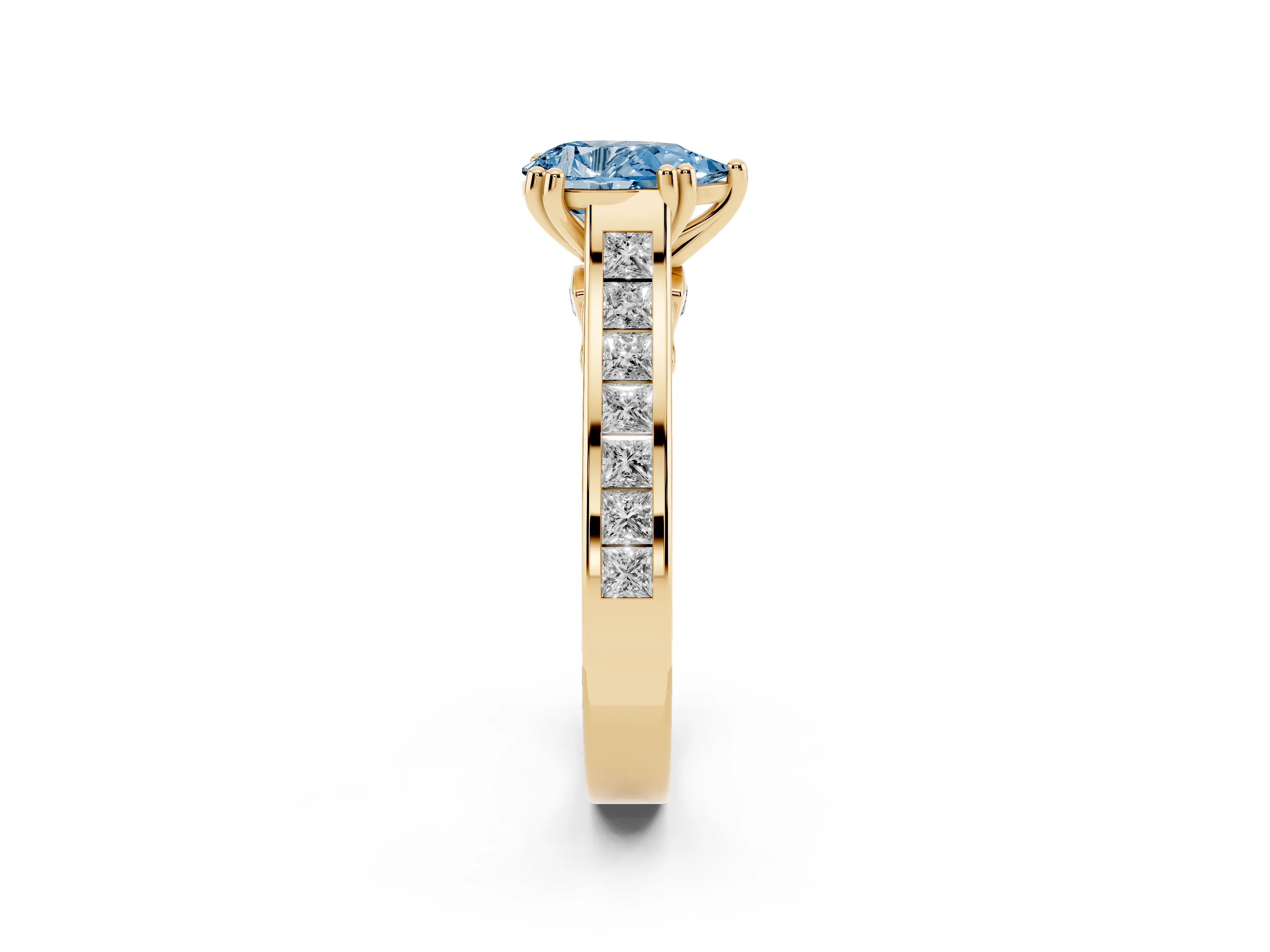Fancy Blue Pear Cut Diamond Channel Set Solitaire Engagement Ring Set in Yellow gold with Prong Setting