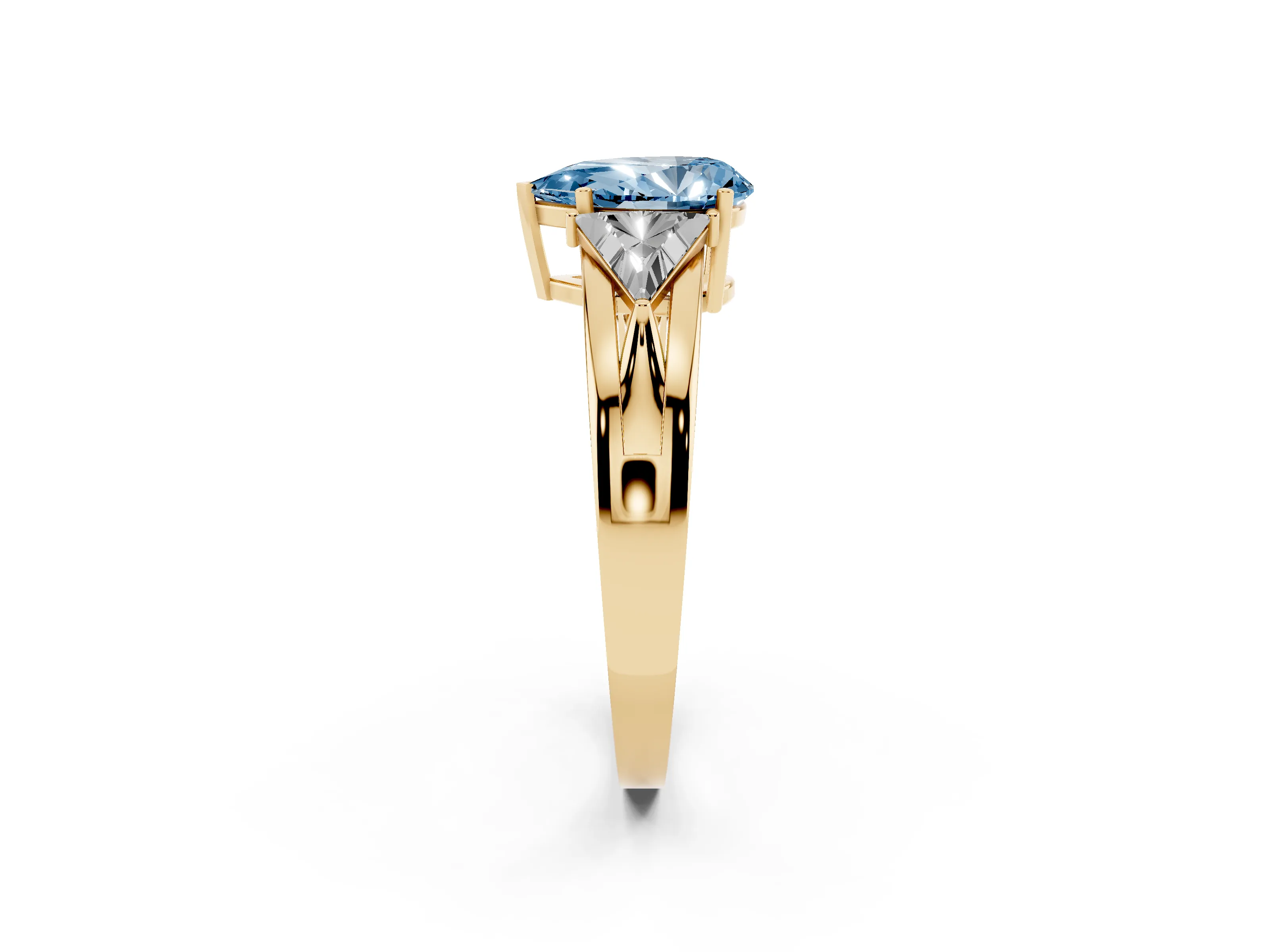 Fancy Blue Pear Cut Diamond Three-Stone Ring Set in Yellow gold with Trillion Side Stones and Split Shank