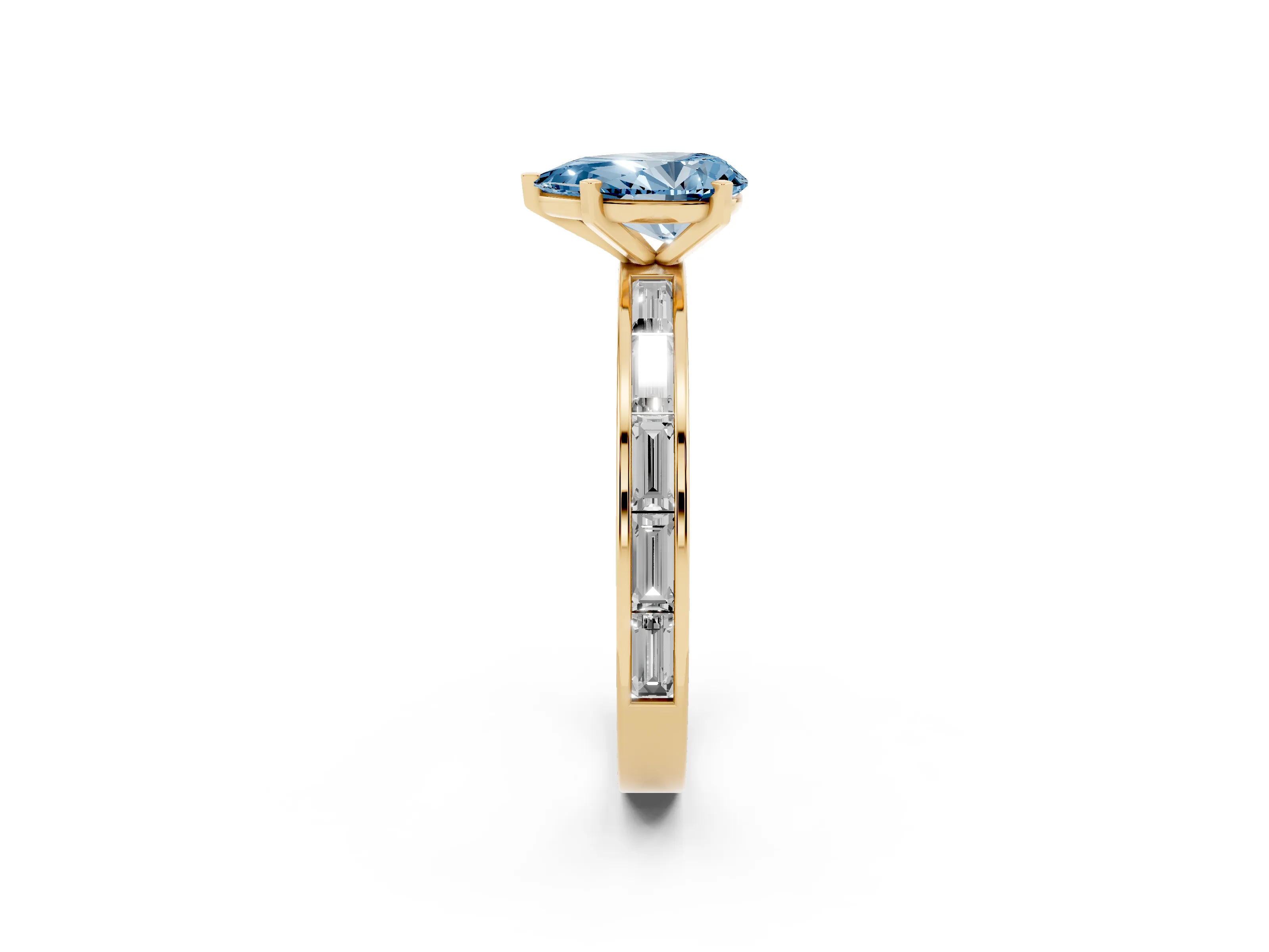 Fancy Blue Pear Cut Diamond Solitaire Ring Set in Yellow gold with Channel-Set Baguette Band and Prong Setting