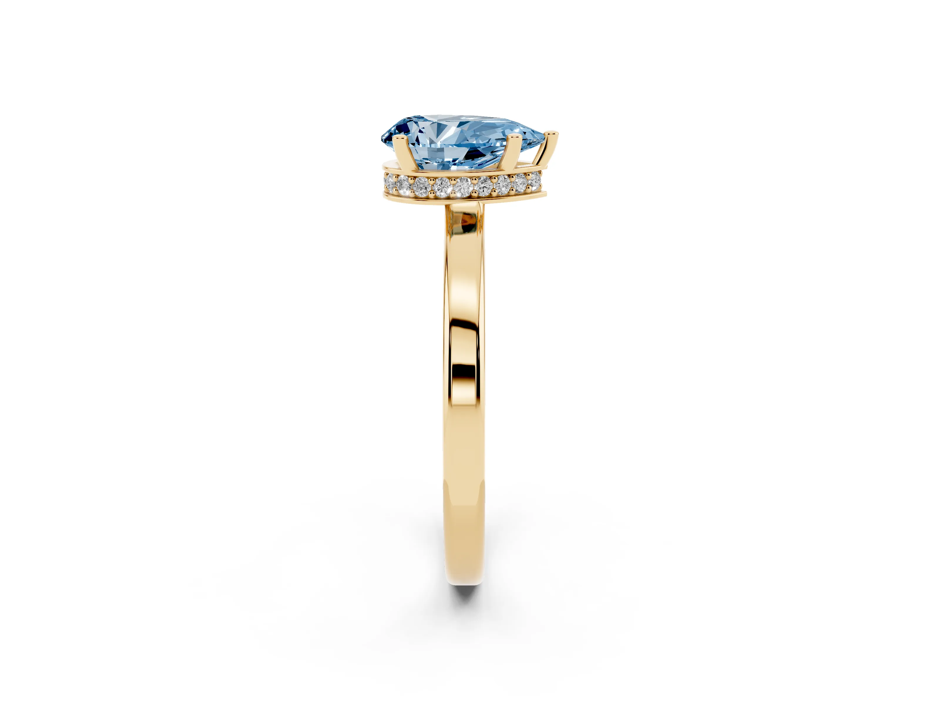 Fancy Blue Pear Cut Diamond Solitaire Engagement Ring Set in Yellow gold with Prong Setting on a Plain Band