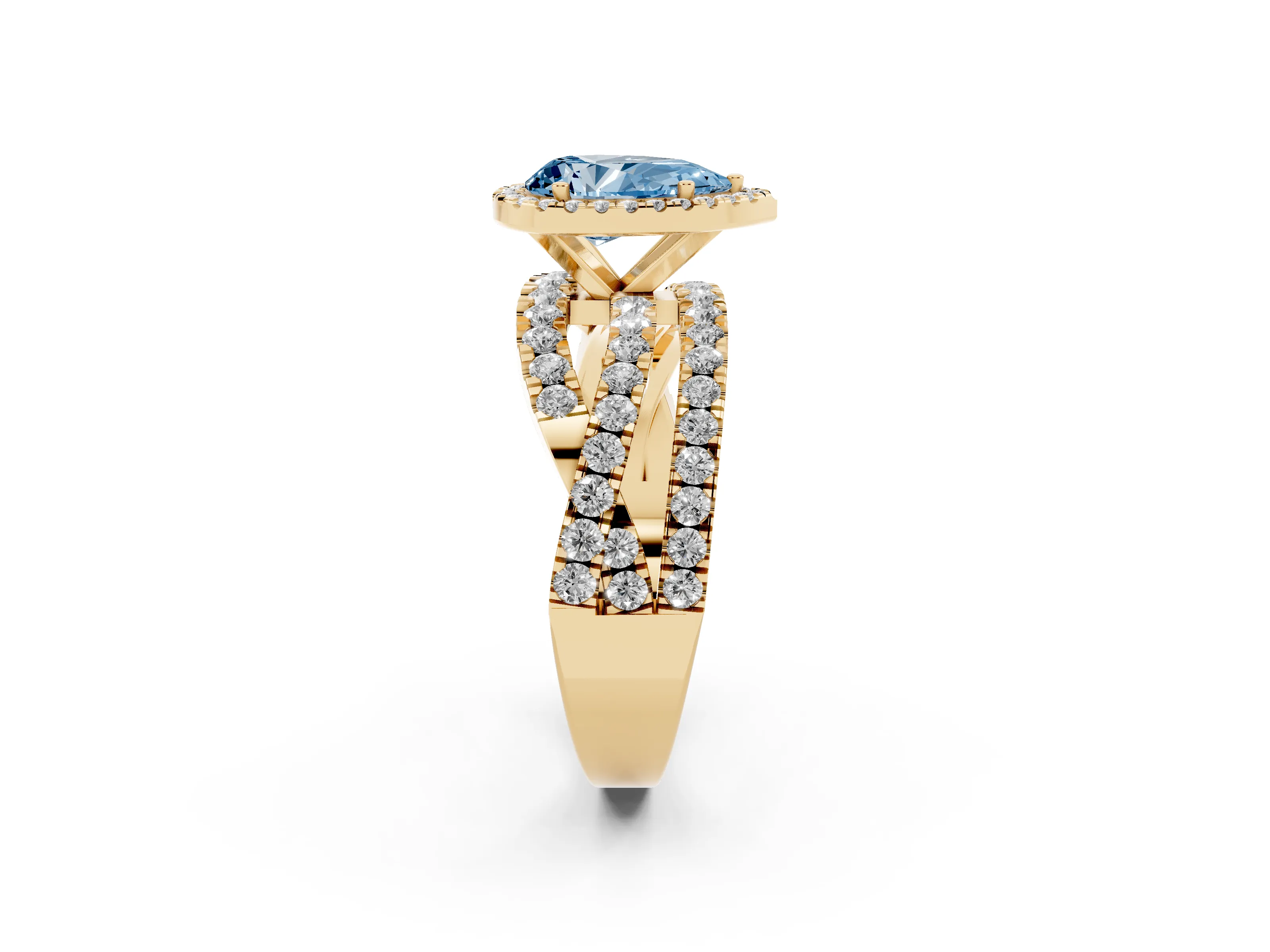 Fancy Blue Pear Cut Diamond Halo Ring Set in Yellow gold with Round Crossover Split Shank and Prong Setting