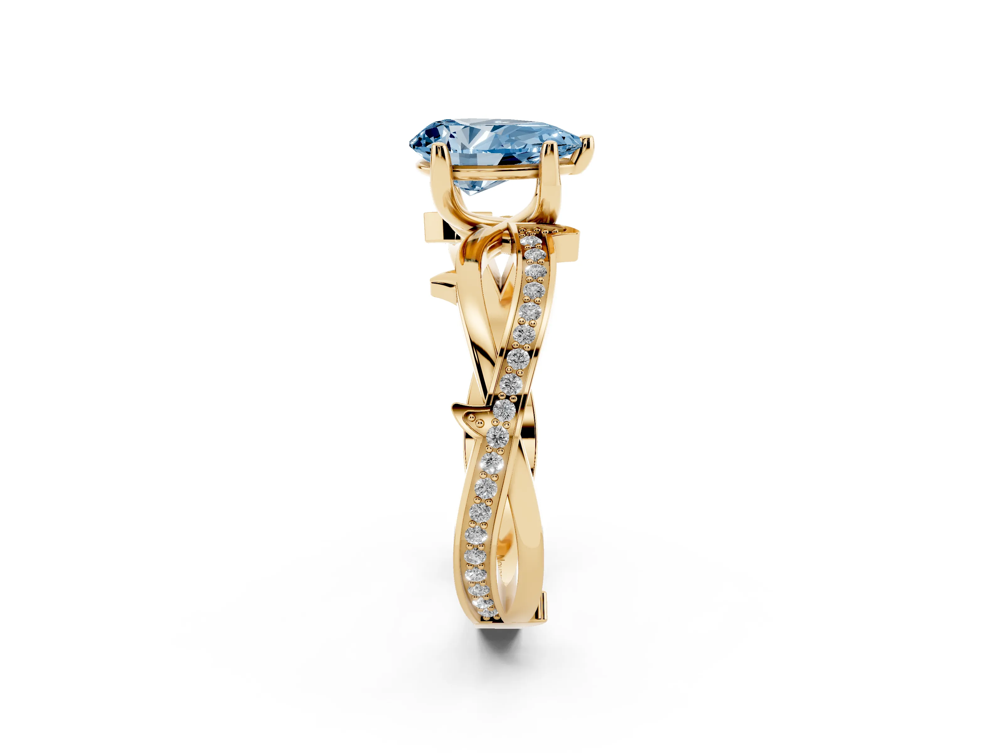 Fancy Blue Pear Cut Diamond Pavé Twist Band Solitaire Ring Set in Yellow gold with Prong Setting