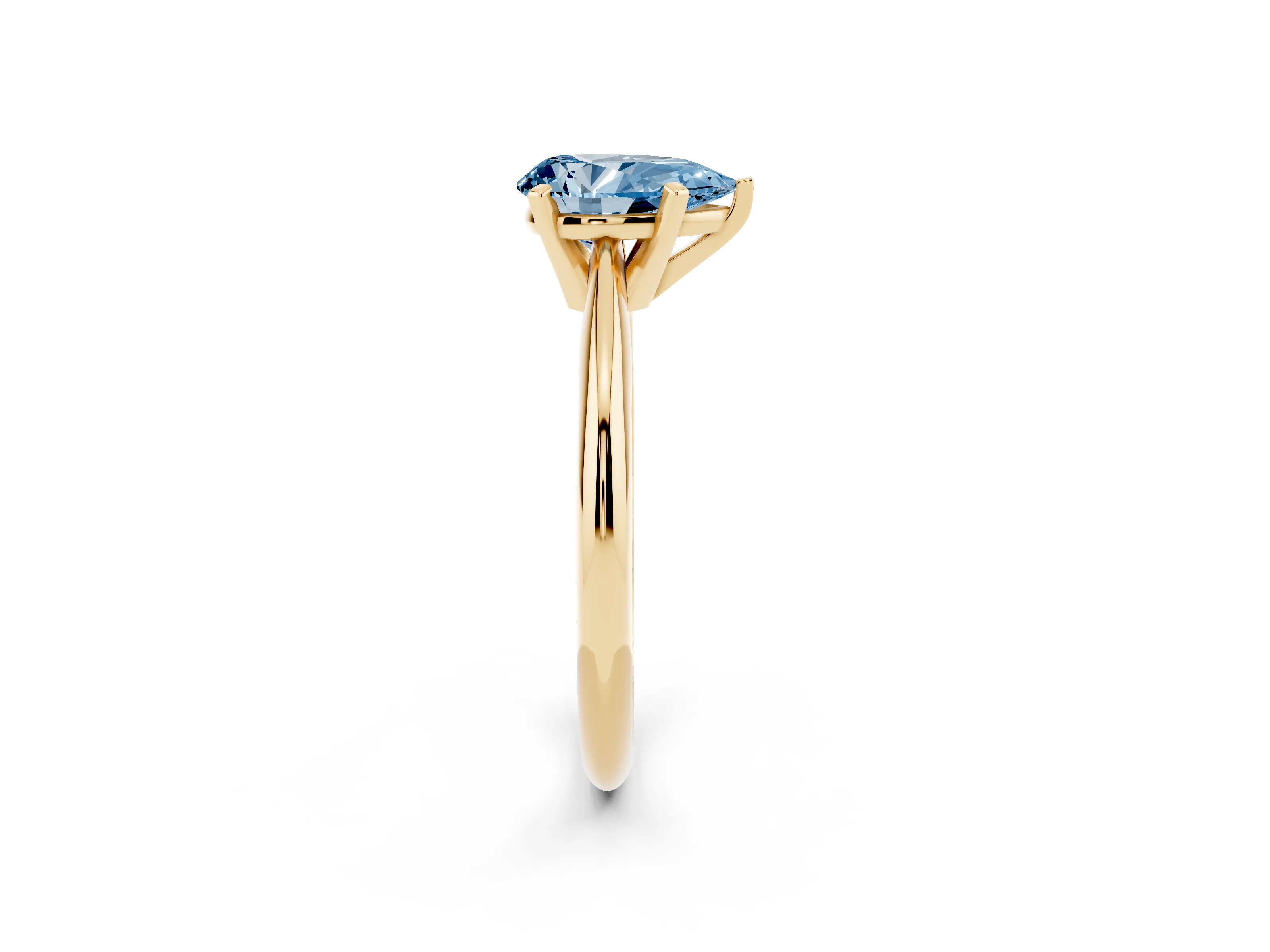 Fancy Blue Pear Cut Diamond Solitaire Ring Set in Yellow gold with Prong Setting on a Plain Round Band