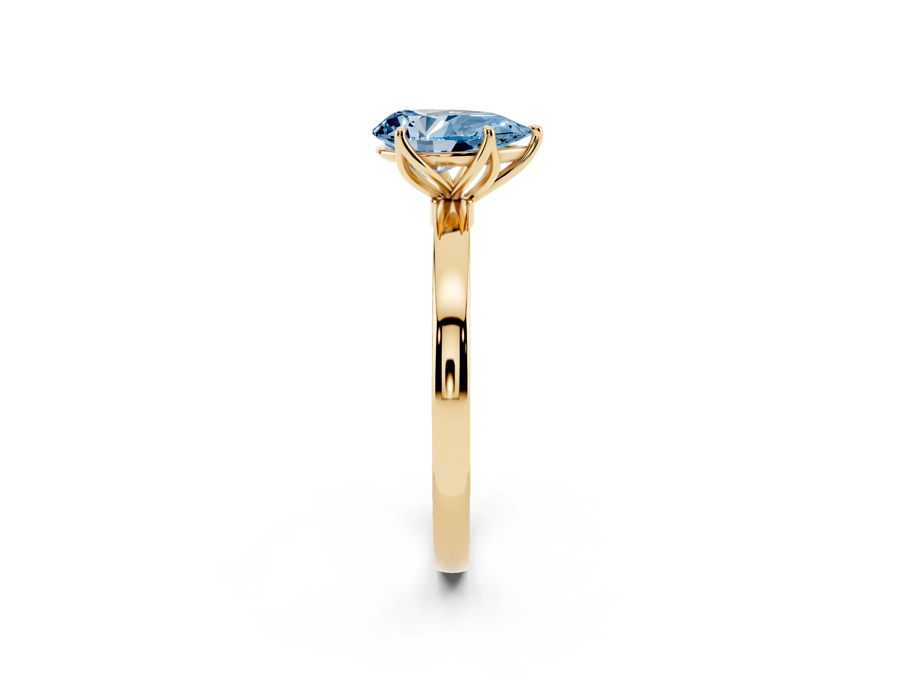 Fancy Blue Pear Cut Diamond Solitaire Ring Set in Yellow gold with Prong Setting and Thin Polished Band