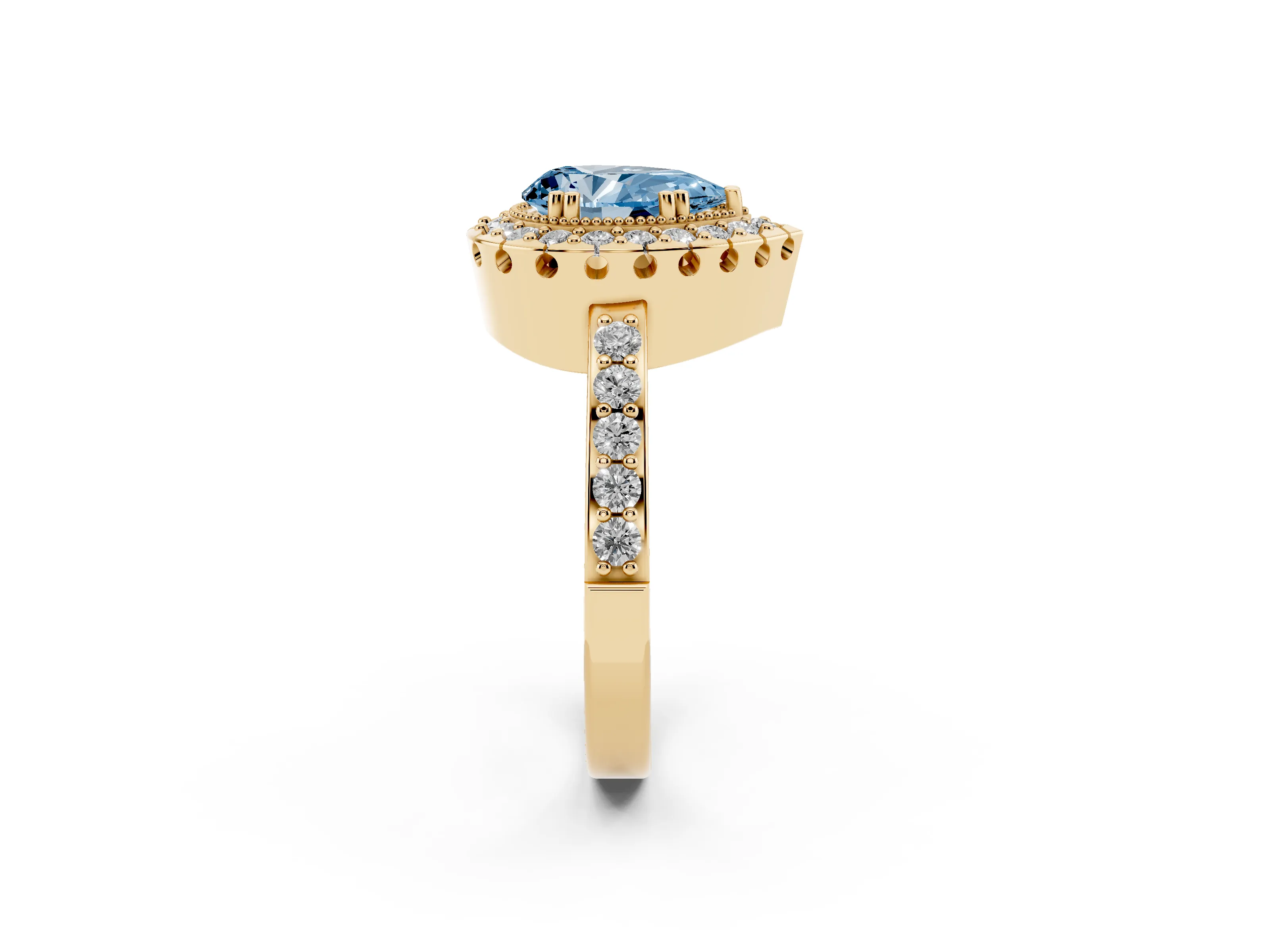 Fancy Blue Pear Cut Diamond Halo Ring Set in Yellow gold with Pavé Shank and Prong Setting