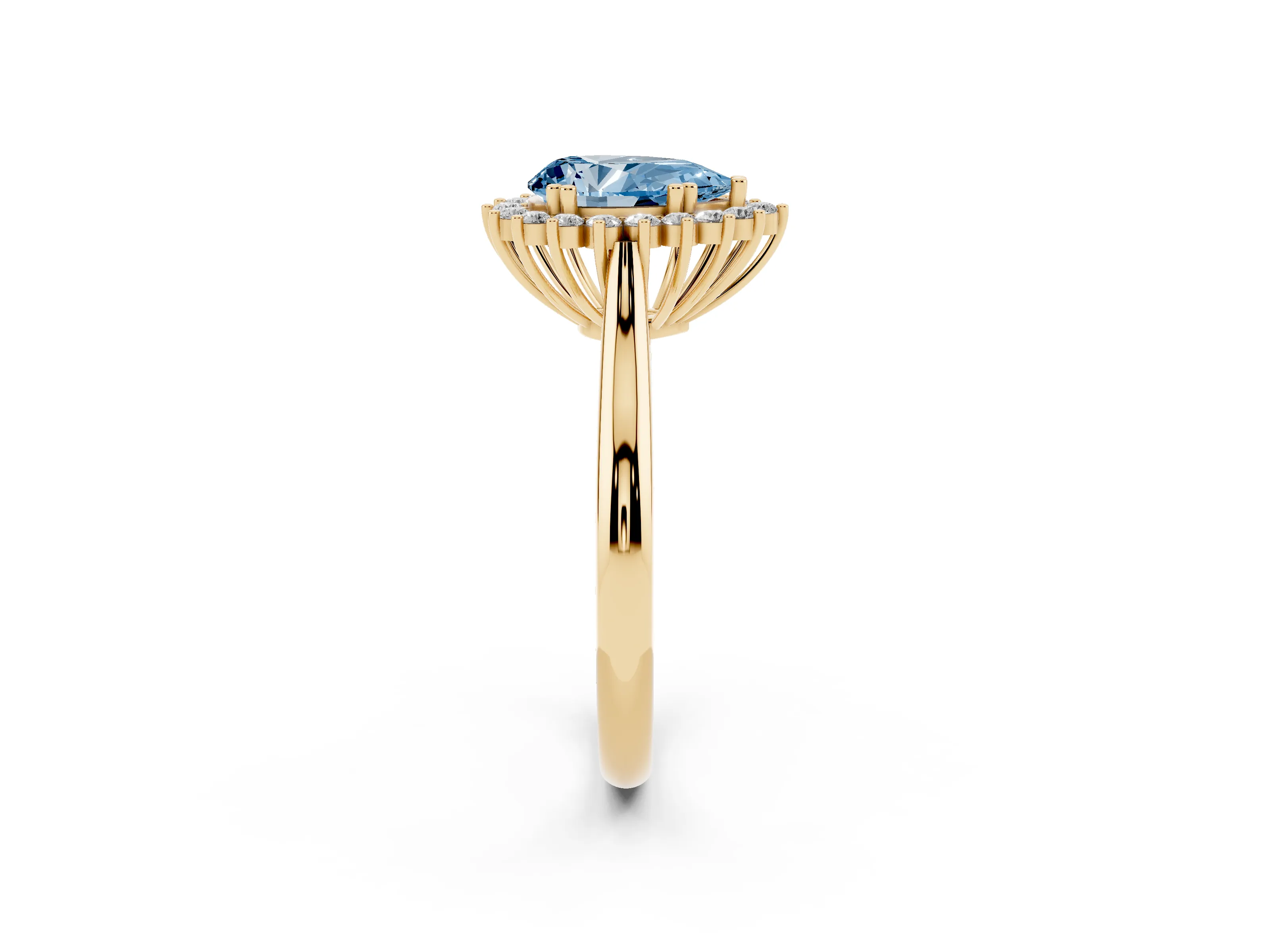 Fancy Blue Pear Cut Diamond Halo Ring Set in Yellow gold with Plain Solitaire Band and Prong Setting